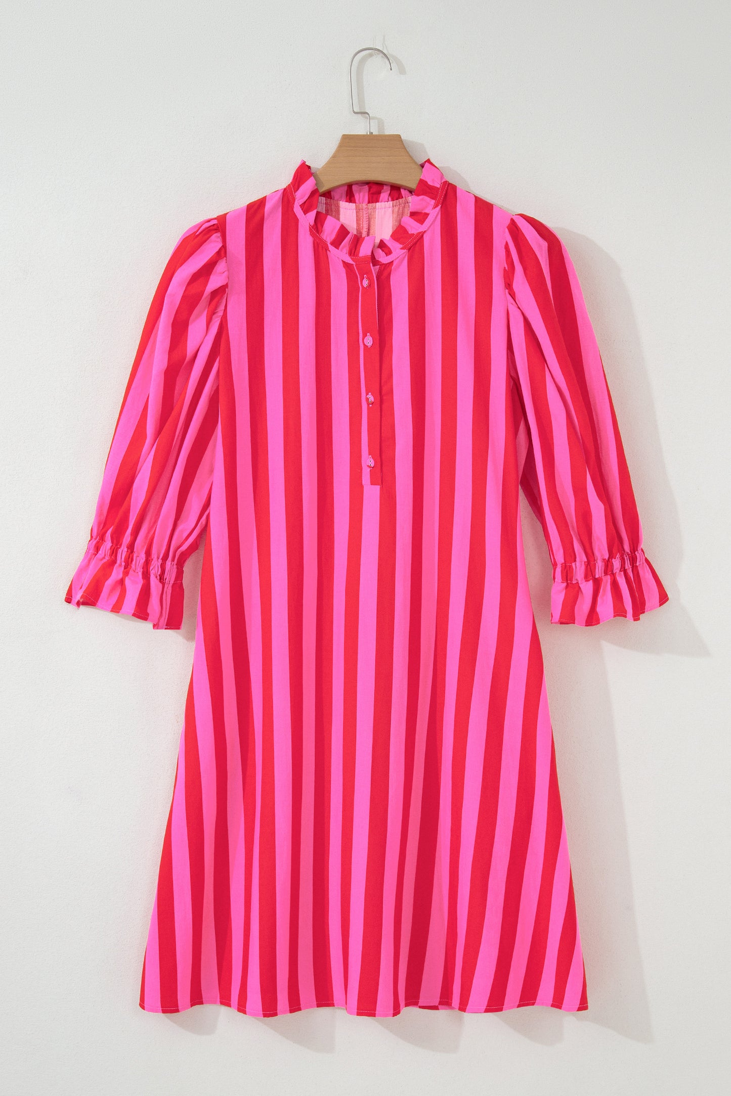 Rose Stripe Frilled Collar Button Neck Short Sleeve Curvy Mini Dress-TOPS / DRESSES-[Adult]-[Female]-2022 Online Blue Zone Planet