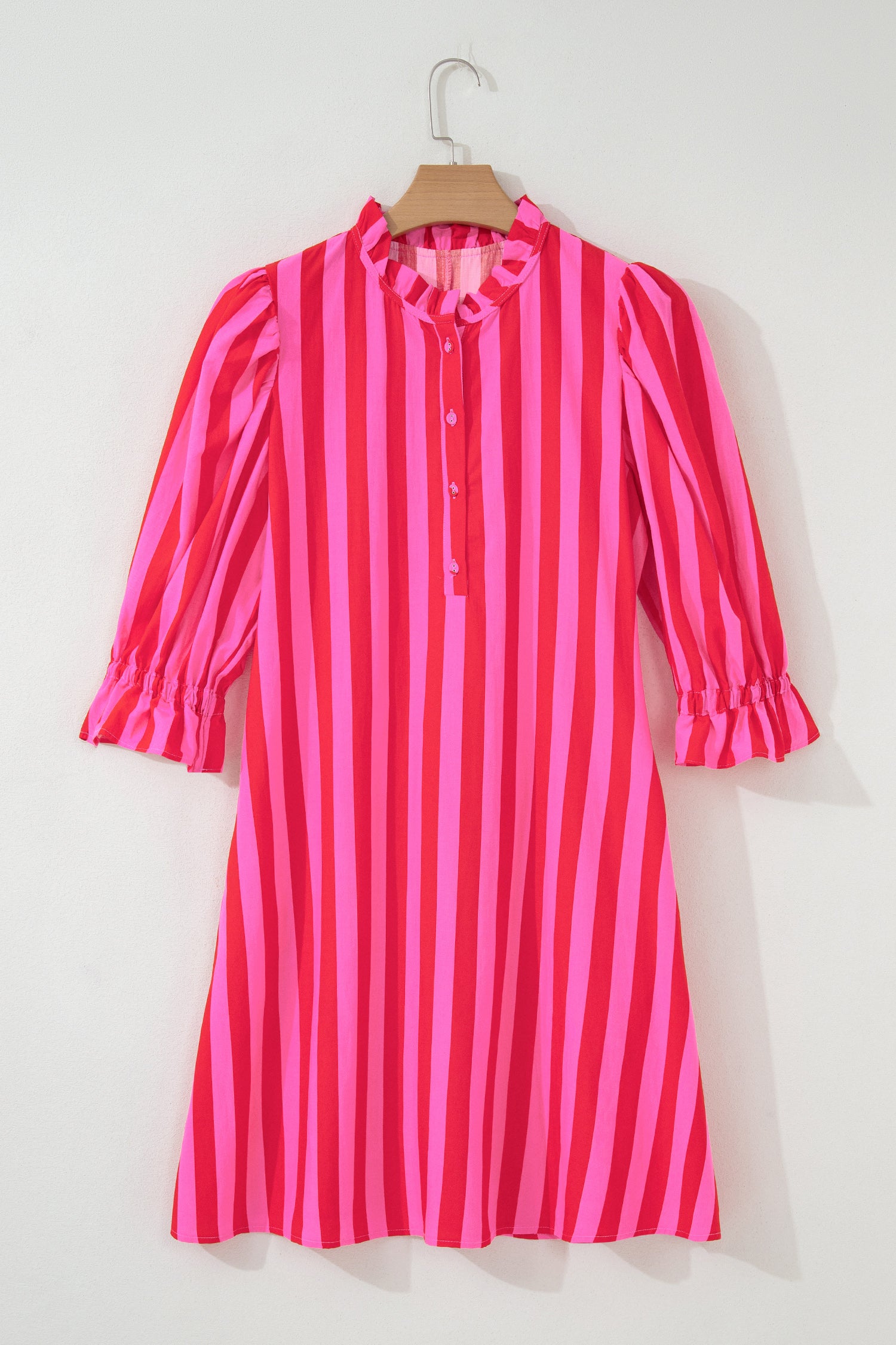 Rose Stripe Frilled Collar Button Neck Short Sleeve Curvy Mini Dress-TOPS / DRESSES-[Adult]-[Female]-2022 Online Blue Zone Planet