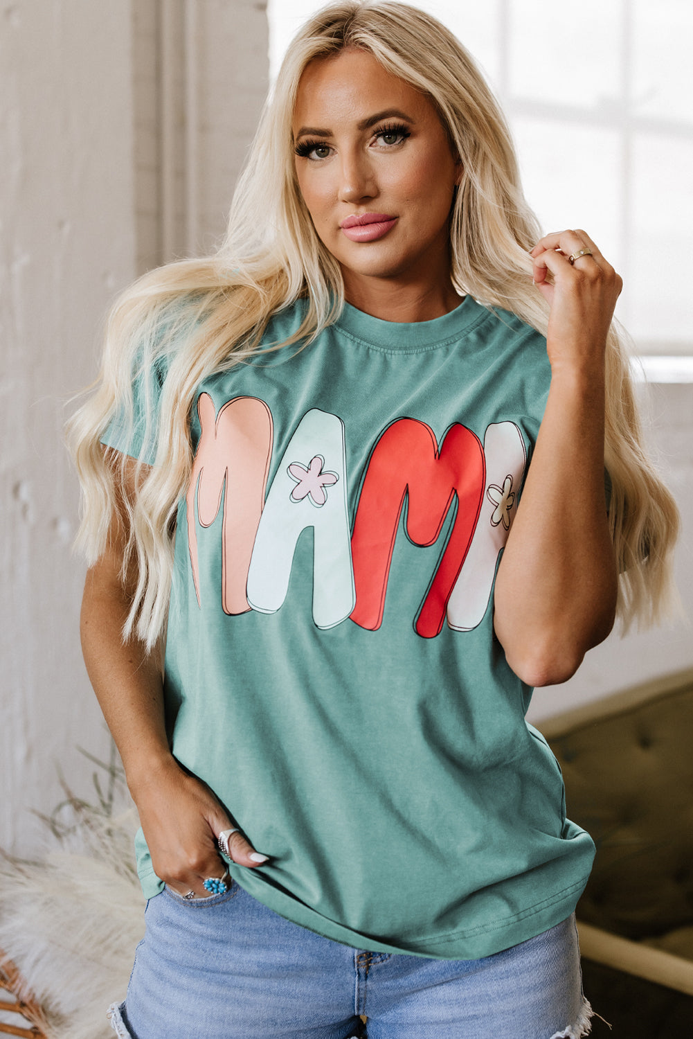 Sea Green Mama Printed Mineral Wash Crewneck T Shirt-Tops/Tops & Tees-[Adult]-[Female]-2022 Online Blue Zone Planet