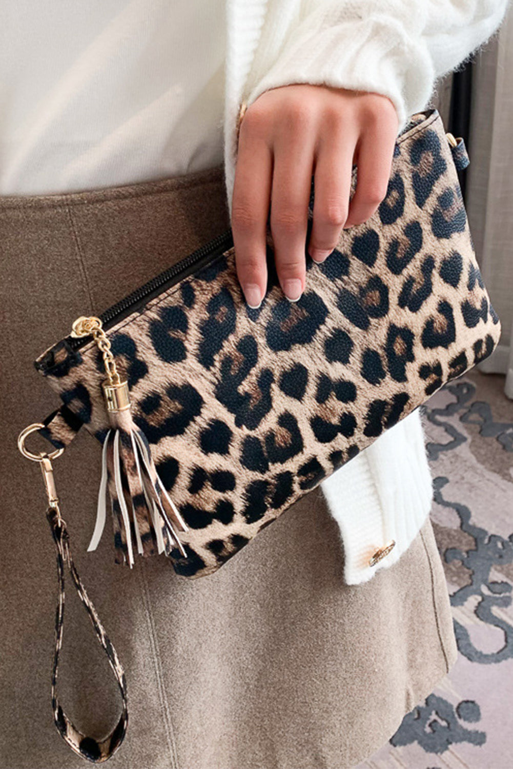 Chestnut Leopard Print Wrist Strap Zipped Wallet-Clutches & Evening Bags-[Adult]-[Female]-Chestnut-ONE SIZE-2022 Online Blue Zone Planet