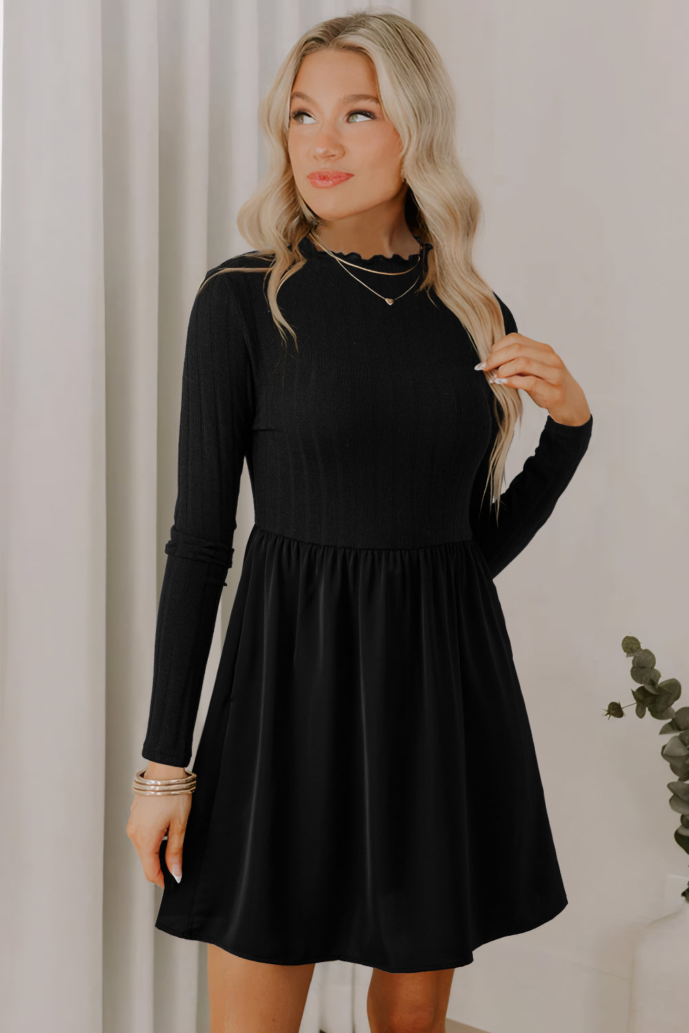 Black Frilled Neck Ribbed Knit Patchwork Long Sleeve Mini Dress-TOPS / DRESSES-[Adult]-[Female]-2022 Online Blue Zone Planet