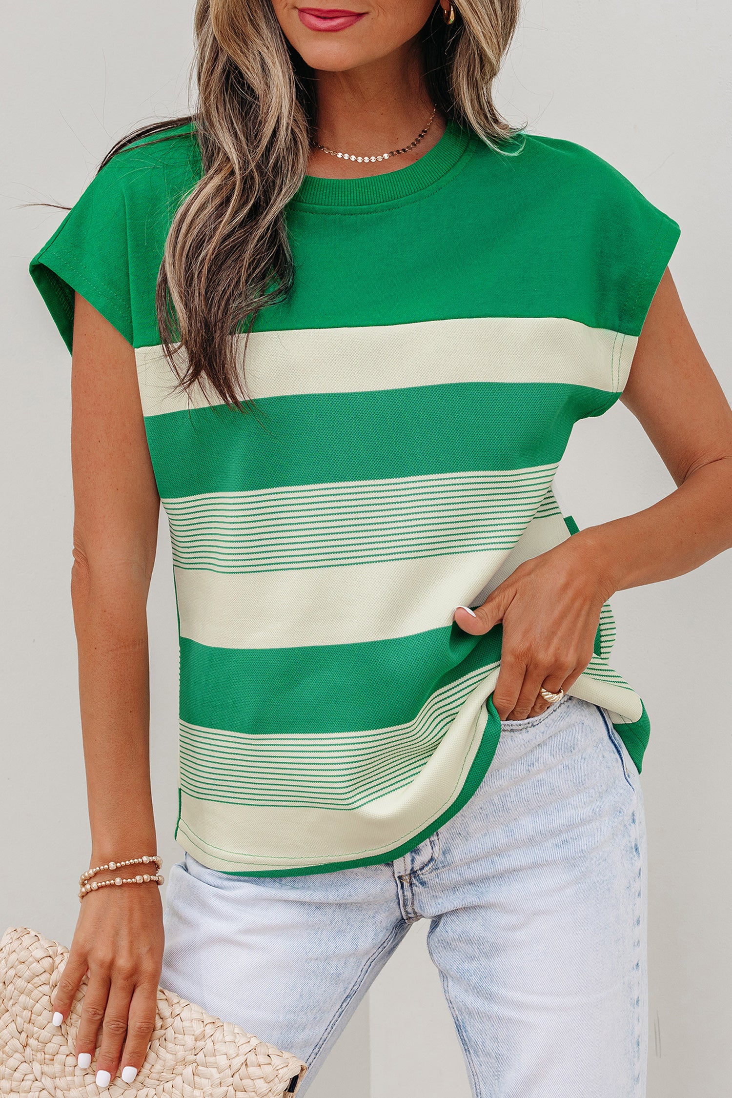 Green Stripe Mixed Print Crew Neck Cap Sleeve T Shirt-Tops/Tops & Tees-[Adult]-[Female]-2022 Online Blue Zone Planet