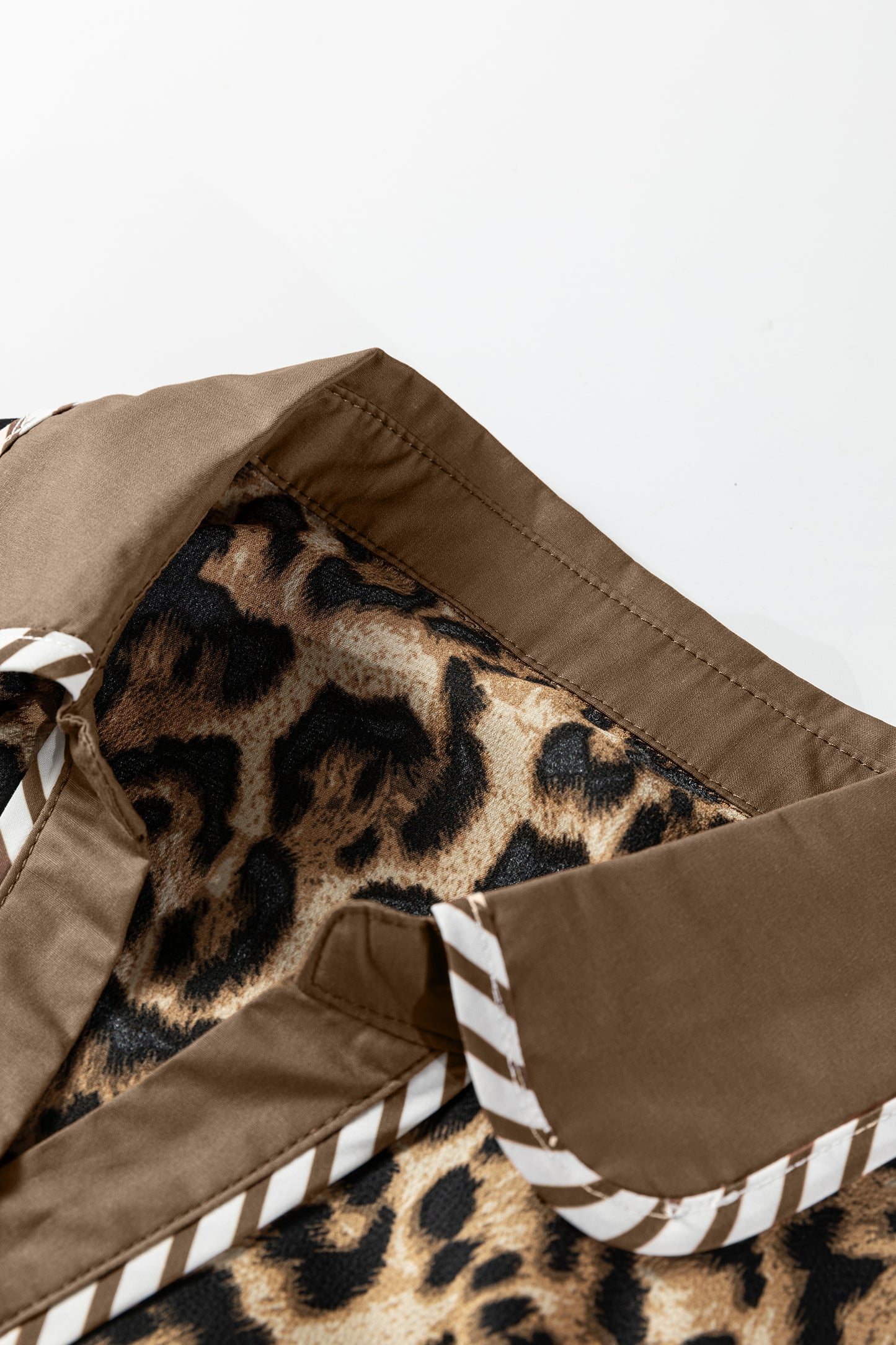 Brown Leopard Collared 3/4 Sleeve Shirt and Loose Pants Two Piece Outfit Set-Two Piece Sets/Pant Sets-[Adult]-[Female]-2022 Online Blue Zone Planet