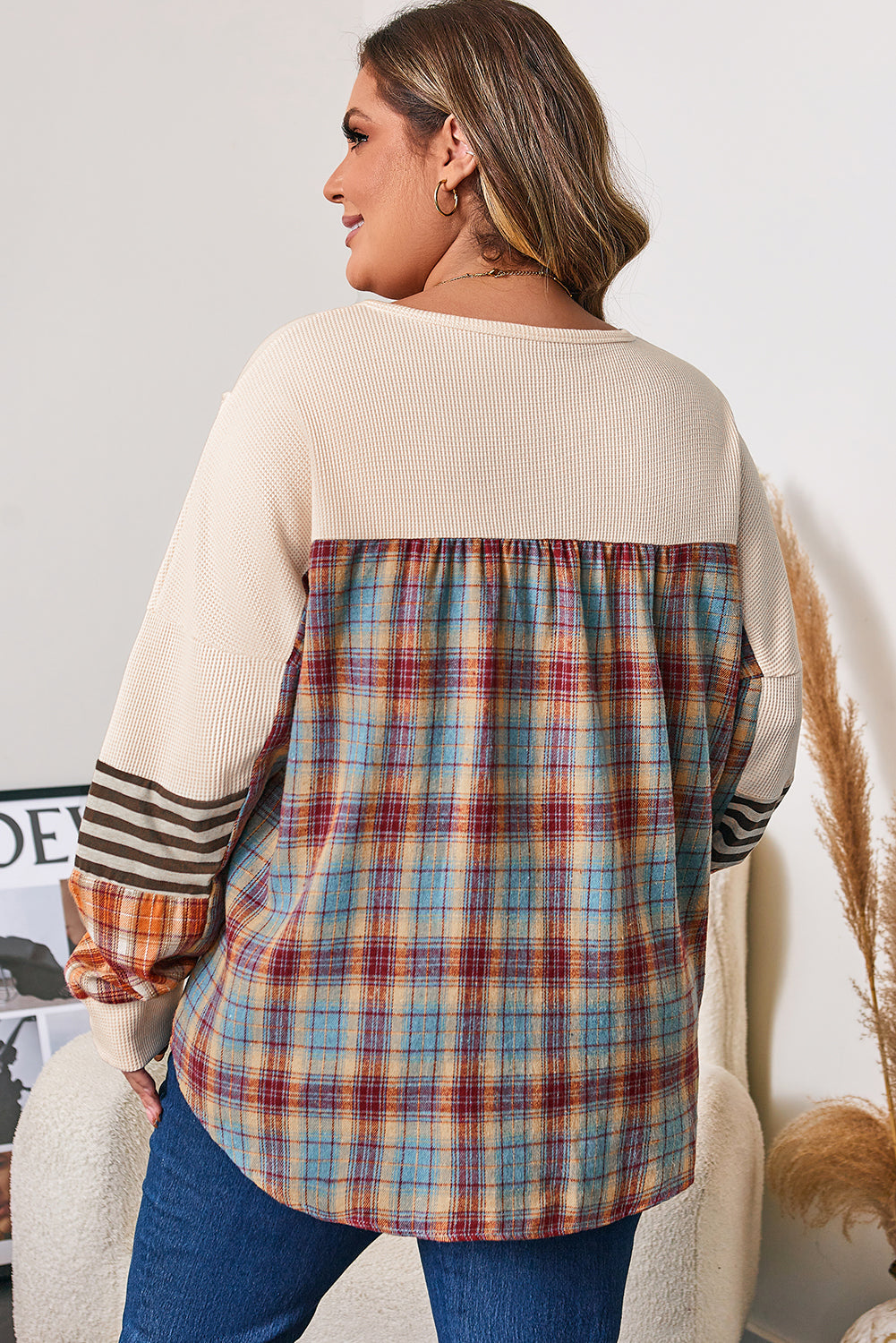 Parchment Plus Size Waffle Colorblock Striped Plaid Patchwork Half Button Pullover-Plus Size/Plus Size Tops/Plus Size Long Sleeve Tops-[Adult]-[Female]-2022 Online Blue Zone Planet