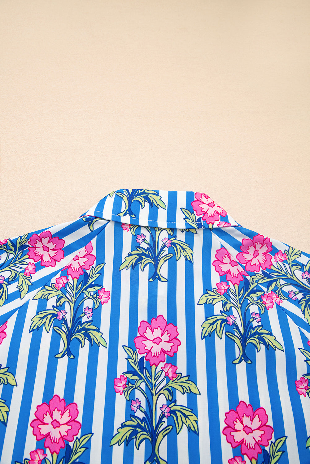 Blue Striped Floral Print Buttoned Cuffs Loose Fit Shirt-Tops/Blouses & Shirts-[Adult]-[Female]-2022 Online Blue Zone Planet
