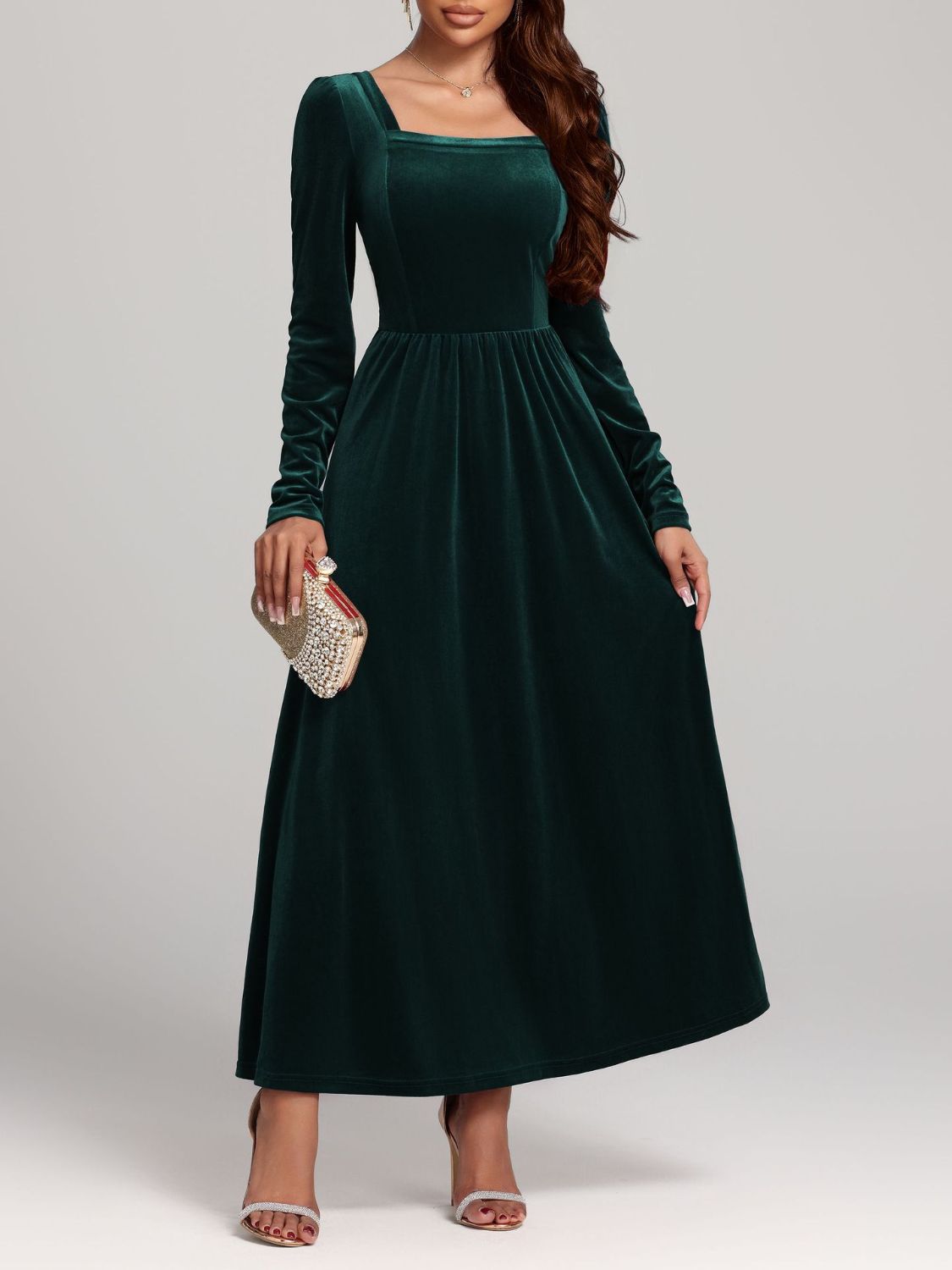 Blue Zone Planet | Velvet Square Neck Long Sleeve Dress-TOPS / DRESSES-[Adult]-[Female]-2022 Online Blue Zone Planet