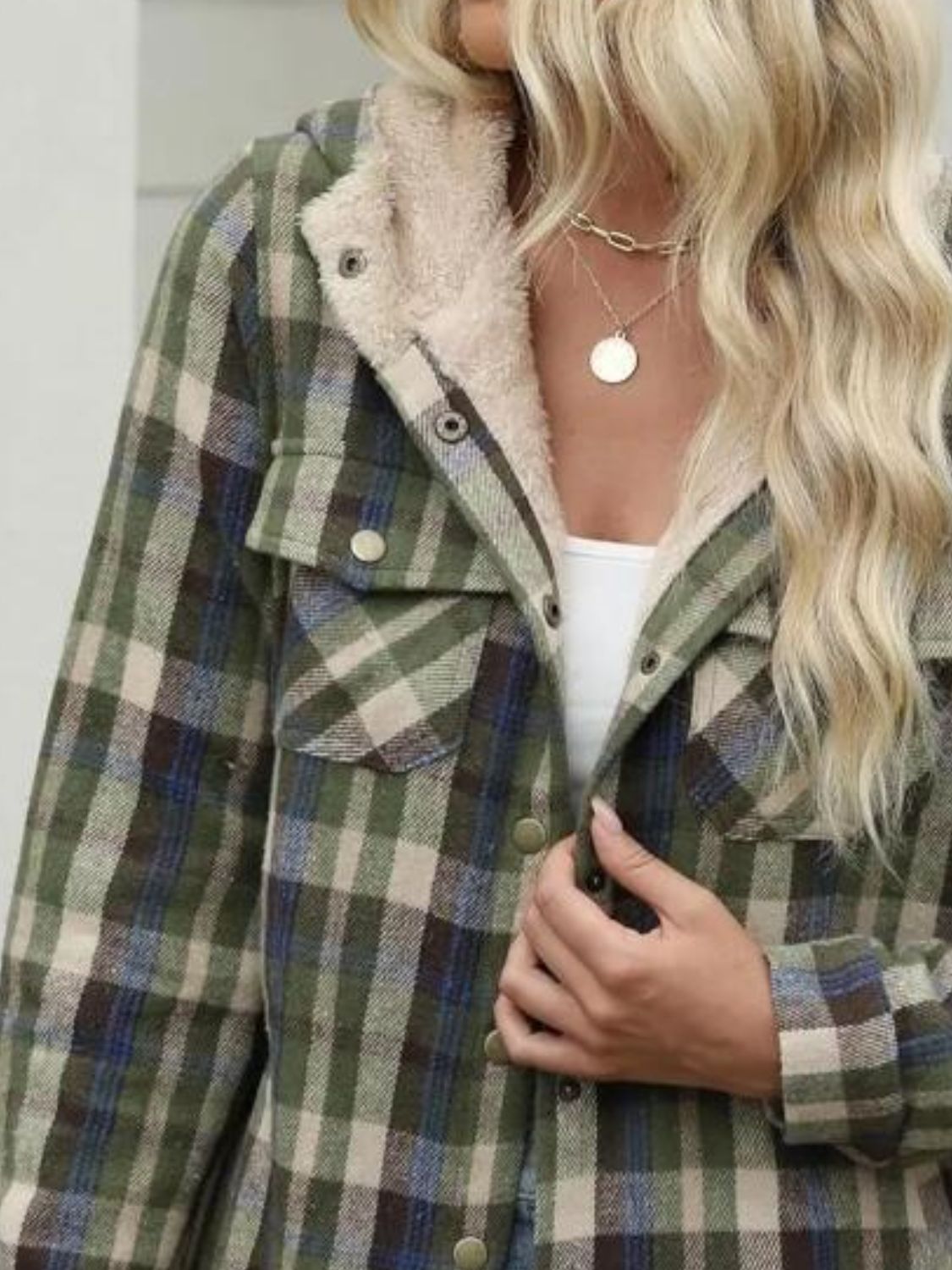 Plaid Snap Down Plush Hooded Jacket-TOPS / DRESSES-[Adult]-[Female]-2022 Online Blue Zone Planet