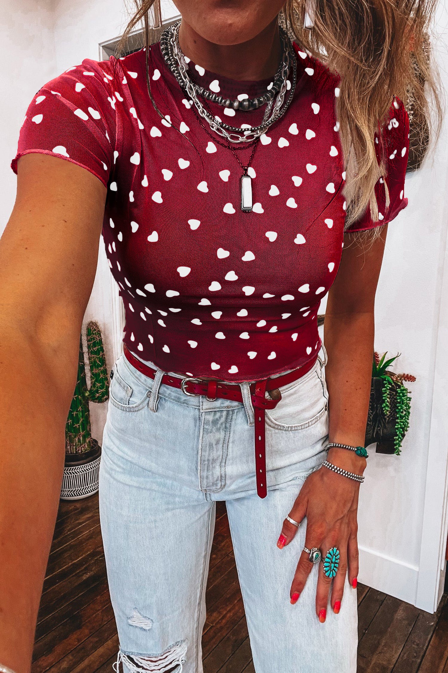 Racing Red Allover Heart Print Mesh Short Sleeve Top-Pre Order Tops-[Adult]-[Female]-2022 Online Blue Zone Planet