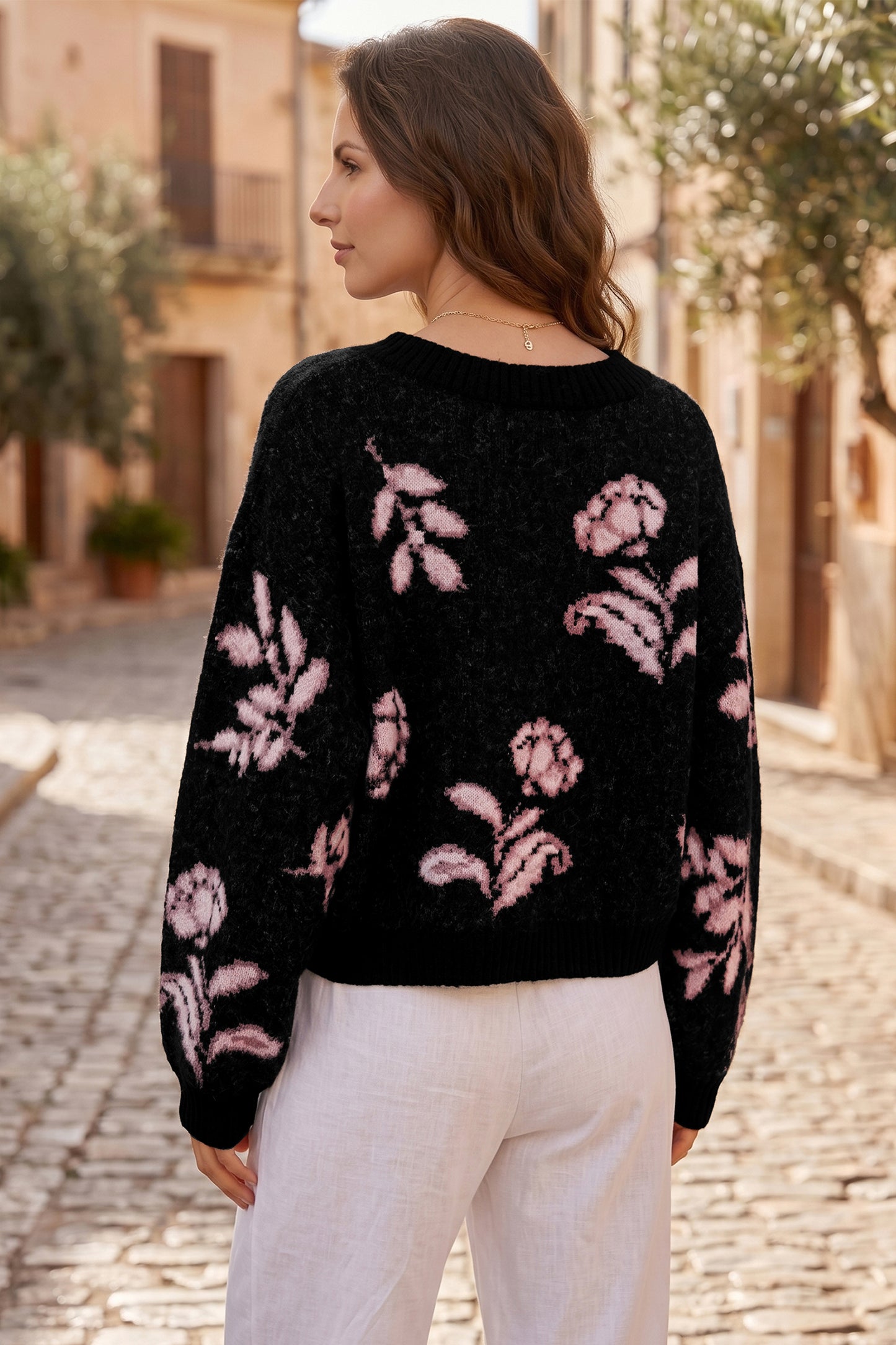 Black Floral Pattern Puff Sleeve Dropped Shoulder Pullover Sweater-Sweaters & Cardigans/Sweaters-[Adult]-[Female]-2022 Online Blue Zone Planet