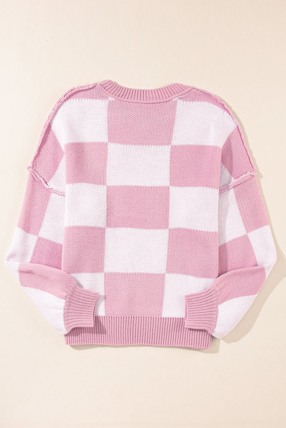 Blue Zone Planet | Pink Checked Bishop Sleeve Pullover Sweater-Sweaters-[Adult]-[Female]-2022 Online Blue Zone Planet