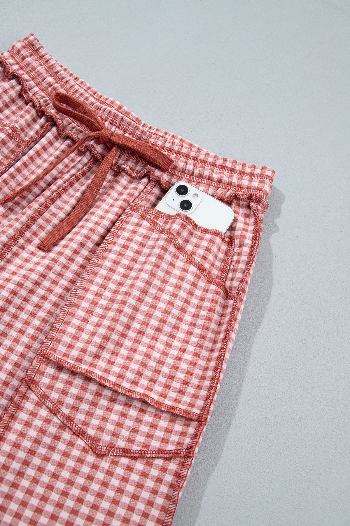Red Plaid Contrast Trim Drawstring Elastic Waist Shift Pants-Bottoms/Pants & Culotte-[Adult]-[Female]-2022 Online Blue Zone Planet