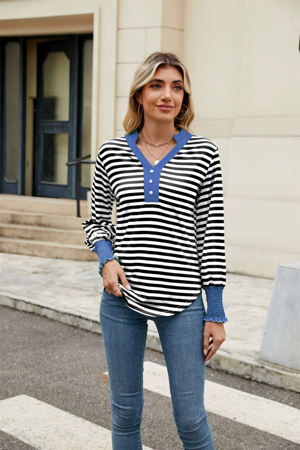 Contrast Striped Notched Long Sleeve Top-TOPS / DRESSES-[Adult]-[Female]-Dusty Blue-S-2022 Online Blue Zone Planet