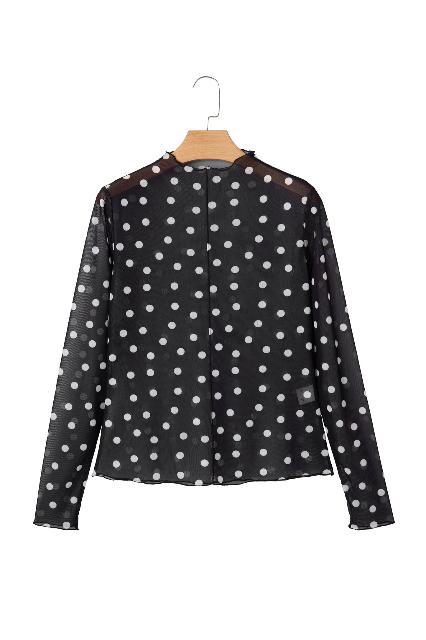 Black Polka Dot Patterned Bodycon Mock Neck Mesh Long Sleeve Top-Tops/Long Sleeve Tops-[Adult]-[Female]-2022 Online Blue Zone Planet
