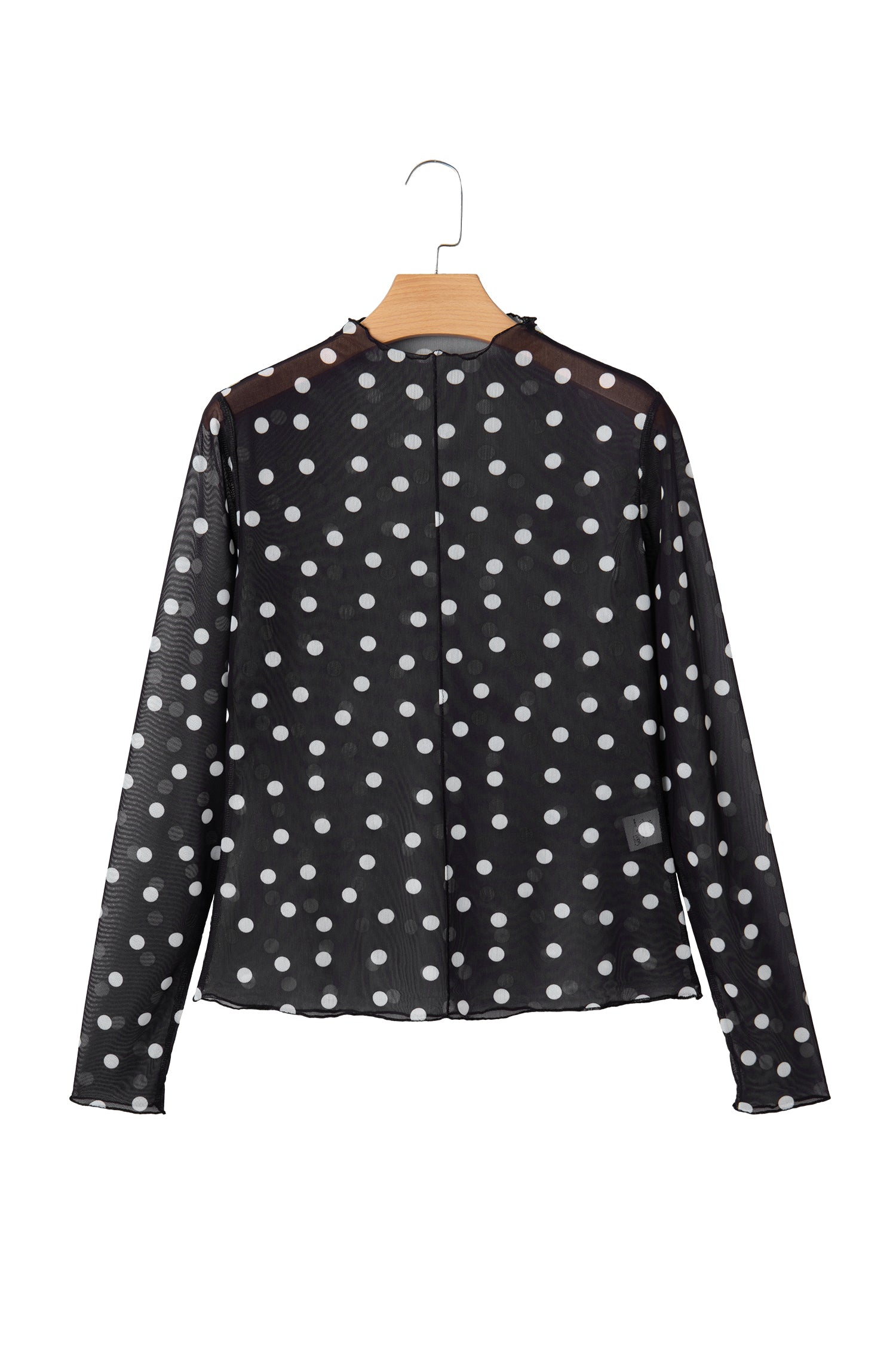 Black Polka Dot Patterned Bodycon Mock Neck Mesh Long Sleeve Top-Tops/Long Sleeve Tops-[Adult]-[Female]-2022 Online Blue Zone Planet