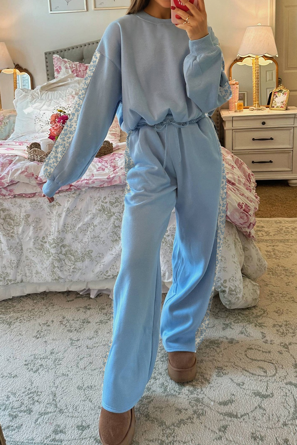 Beau Blue Floral Patchwork Drop Shoulder Pullover and Sweatpants Lounge Set-Loungewear & Sleepwear/Loungewear-[Adult]-[Female]-Beau Blue-S-2022 Online Blue Zone Planet