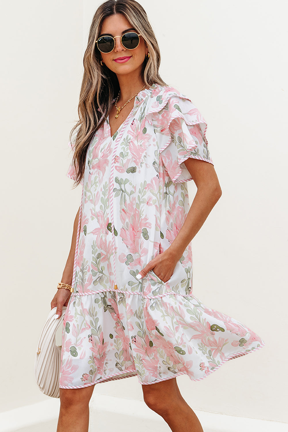 Pink Floral Contrast Edge Layered Short Sleeve Mini Dress-TOPS / DRESSES-[Adult]-[Female]-2022 Online Blue Zone Planet