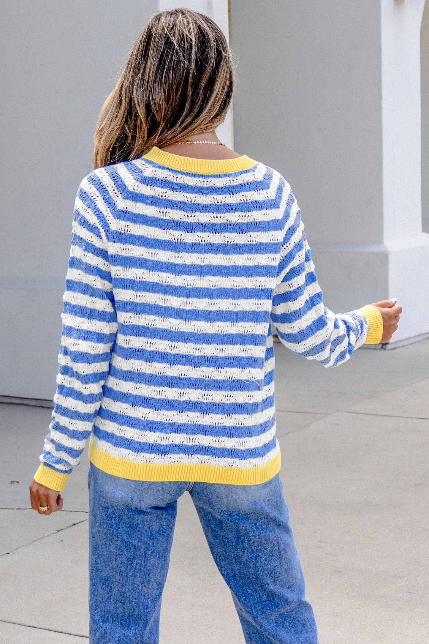 Sky Blue Stripe Striped Colorblock Button Front Long Sleeve Loose Fit Knit Cardigan