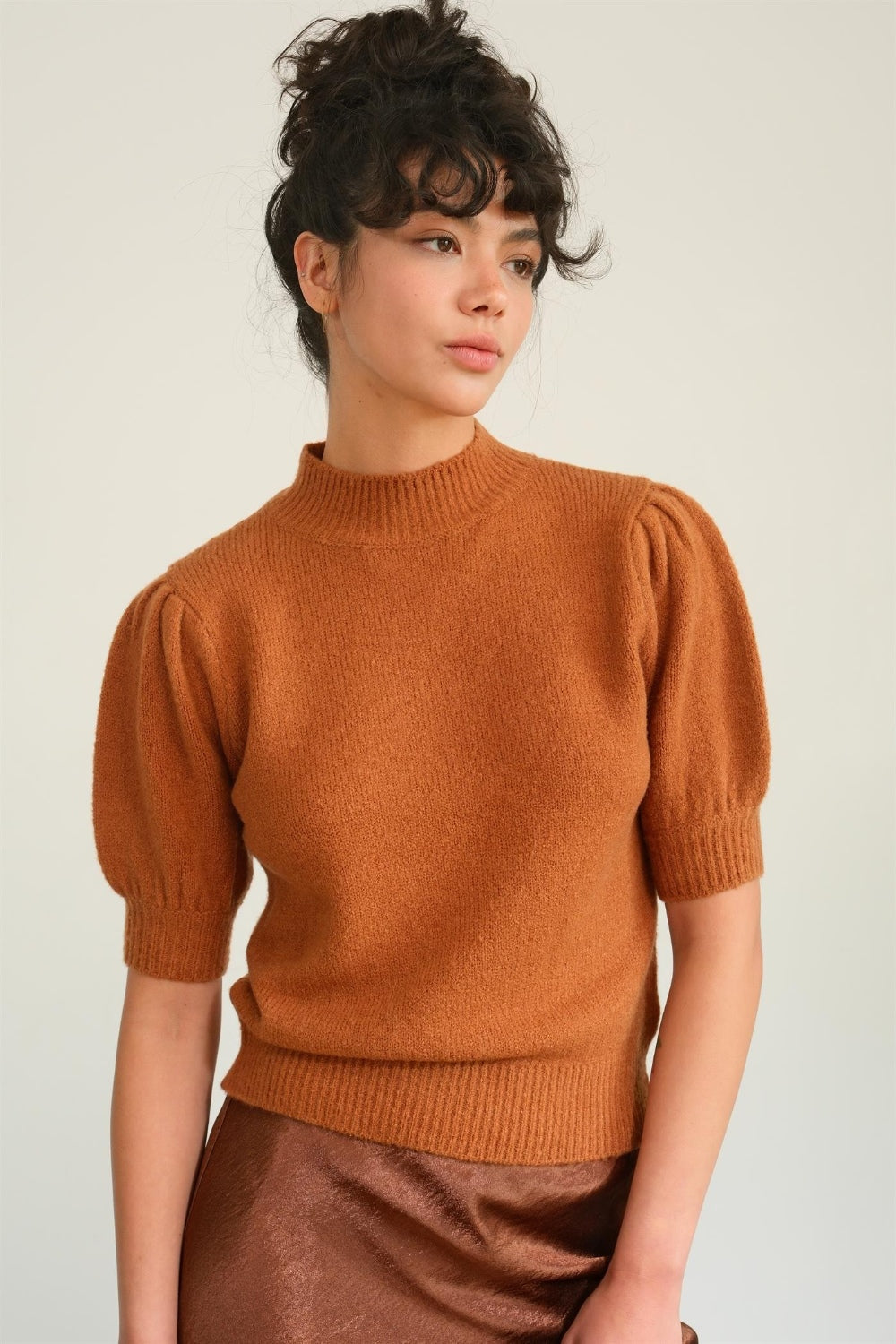 HYFVE Mock Neck Puff Sleeve Sweater-TOPS / DRESSES-[Adult]-[Female]-Chocolate-S-2022 Online Blue Zone Planet