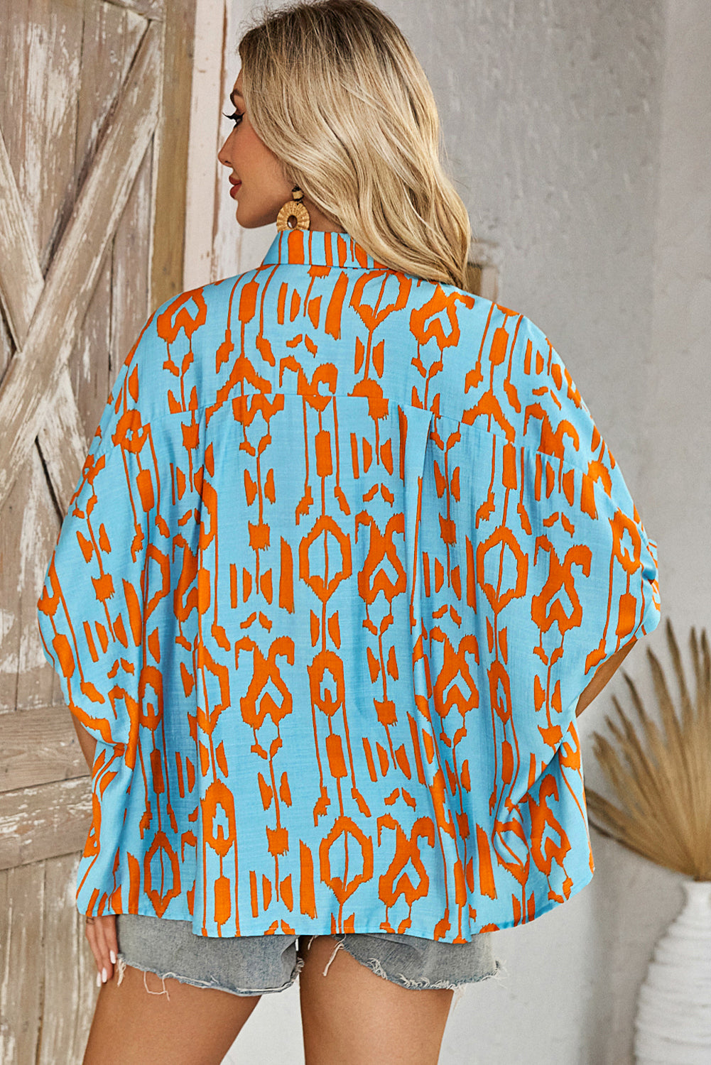 Sky Blue Abstract Print Dolman Short Sleeve Western Loose Shirt-Tops/Blouses & Shirts-[Adult]-[Female]-2022 Online Blue Zone Planet