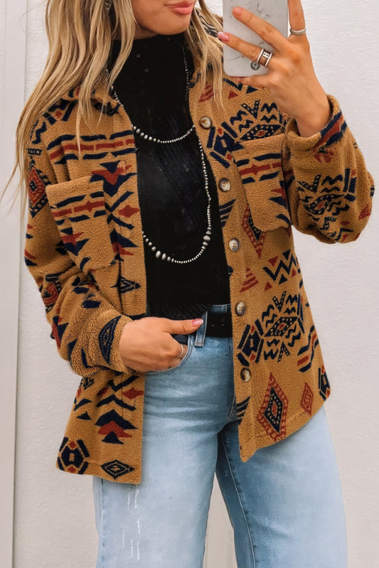 Khaki Western Aztec Pattern Fleece Shacket