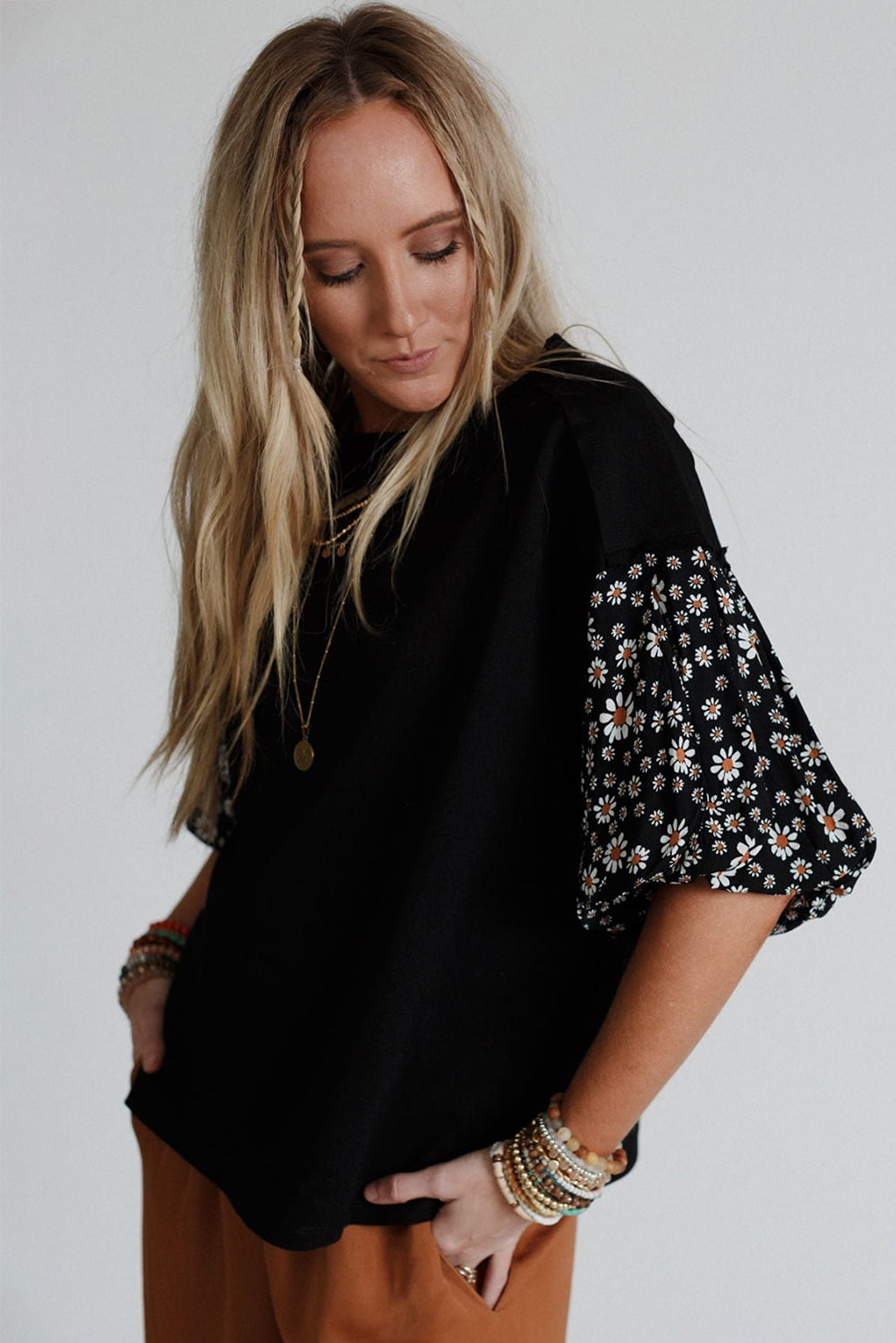 Black Contrast Floral Puff Sleeve Oversized Top-Tops/Tops & Tees-[Adult]-[Female]-2022 Online Blue Zone Planet