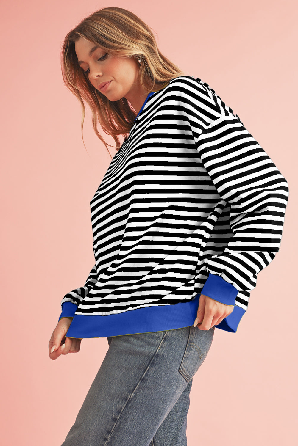 Black Stripe Contrast Edge Cross Seam Oversized Sweatshirt-Sweatshirts & Hoodies-[Adult]-[Female]-2022 Online Blue Zone Planet