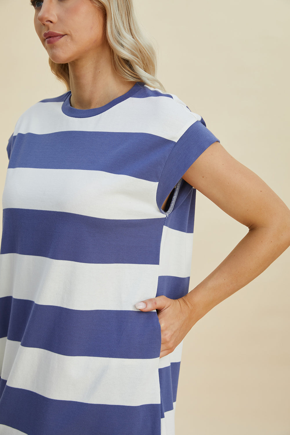 Basic Bae Full Size Striped Round Neck Cap Sleeve Mini Dress-TOPS / DRESSES-[Adult]-[Female]-2022 Online Blue Zone Planet