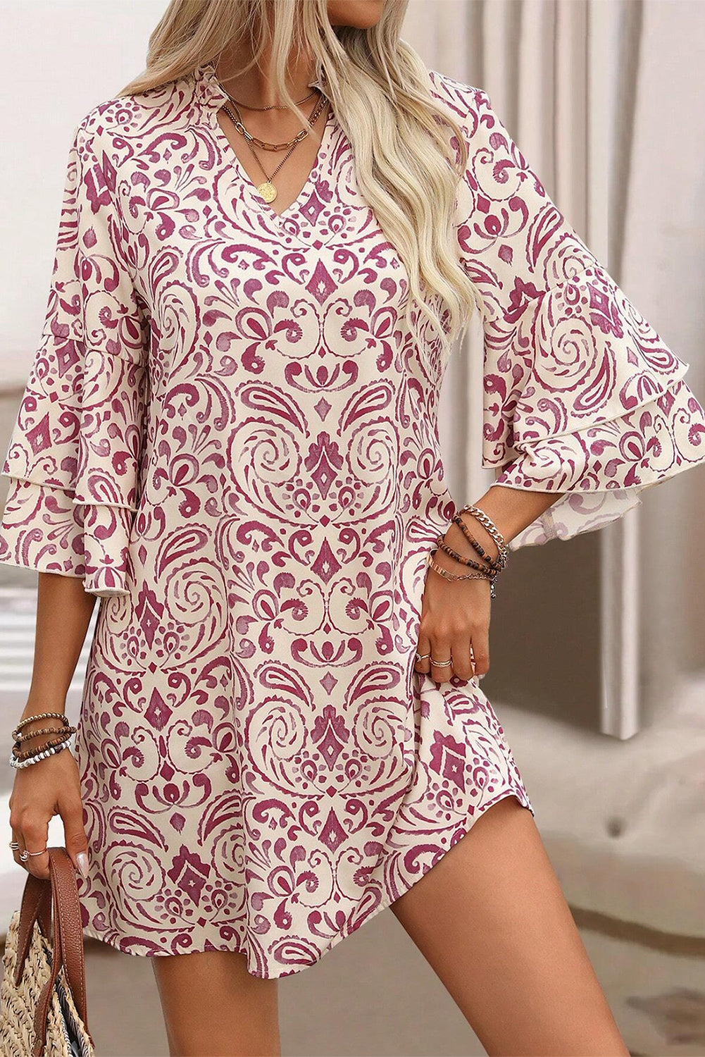 Blue Zone Planet |  Pink Paisley Print Tiered 3/4 Sleeve Notched Neck Mini Dress