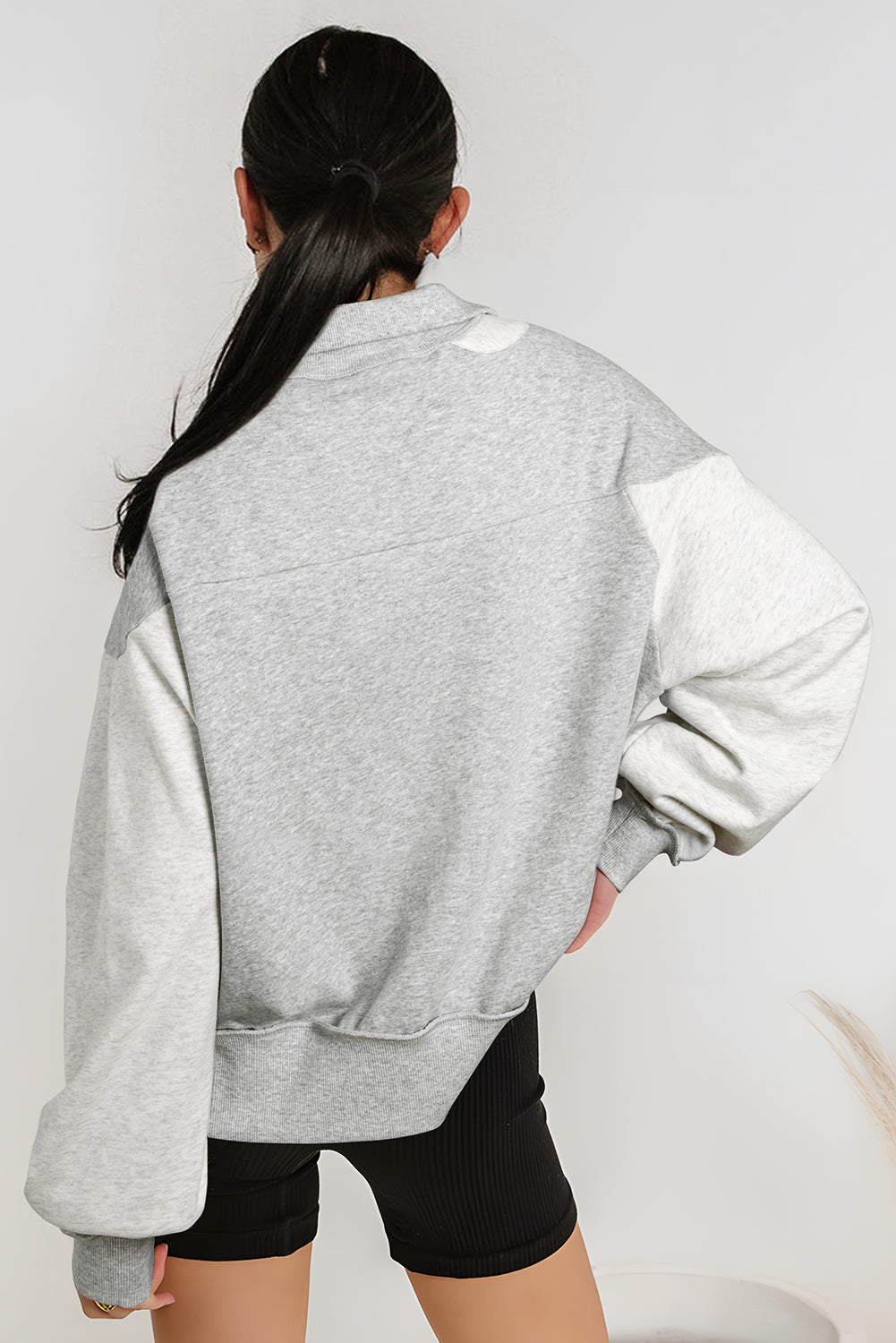 Gray Half Zipper Collared Drop Shoulder Side Slits Sweatshirt-Tops/Sweatshirts & Hoodies-[Adult]-[Female]-2022 Online Blue Zone Planet