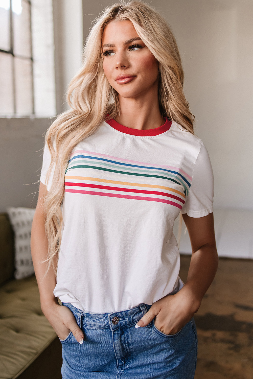 White Rainbow Stripe Print Contrast Crewneck T Shirt-Tops/Tops & Tees-[Adult]-[Female]-2022 Online Blue Zone Planet