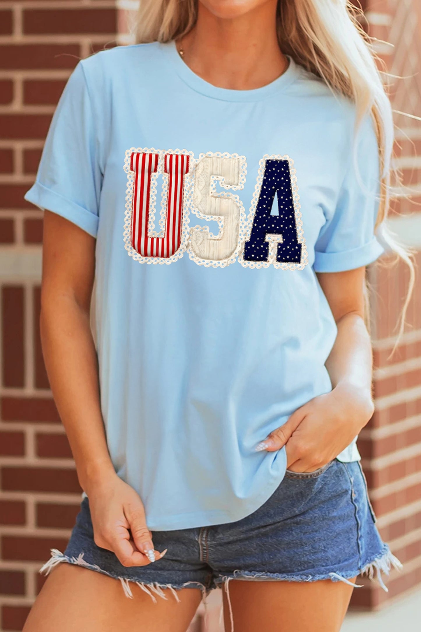 Light Blue Usa Patriotic Printed T Shirt-Graphic/Graphic Tees-[Adult]-[Female]-2022 Online Blue Zone Planet