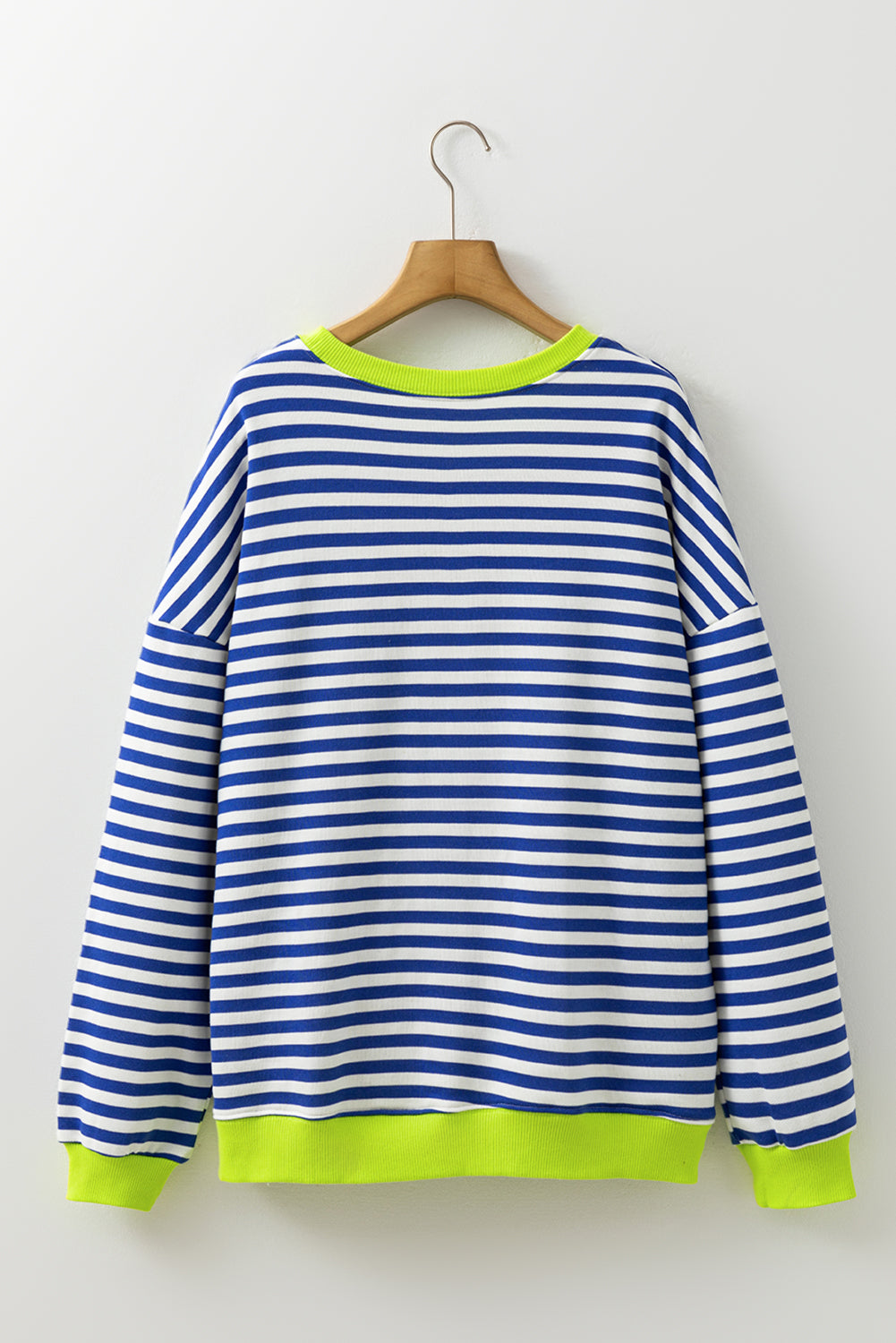 Sky Blue Stripe Striped Contrast Ribbed Trim Crossed Stitch Drop Shoulder Sweatshirt-Tops/Sweatshirts & Hoodies-[Adult]-[Female]-2022 Online Blue Zone Planet