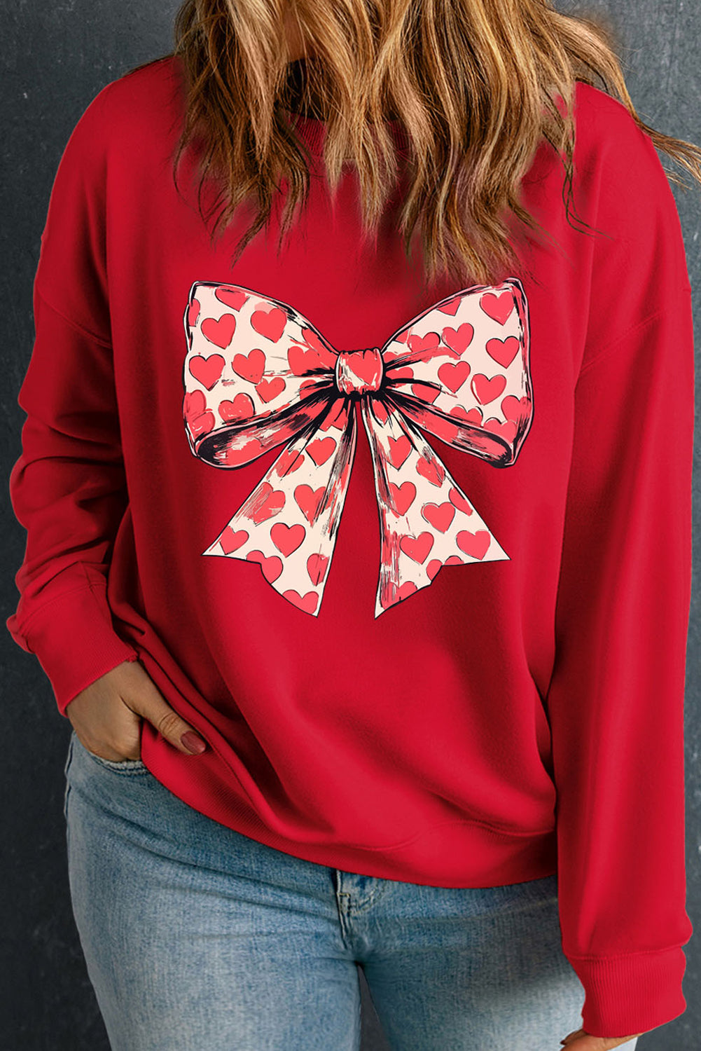 Racing Red Plus Size Valentines Hearts Bowknot Pattern Sweatshirt-Graphic Sweatshirts-[Adult]-[Female]-Racing Red-1X-2022 Online Blue Zone Planet