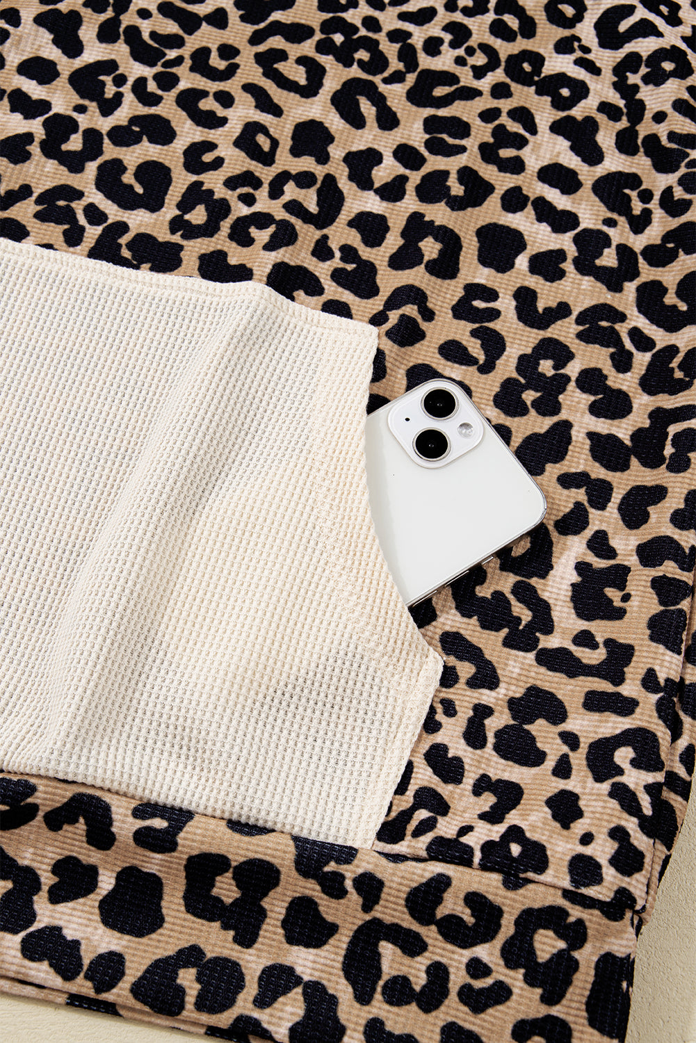 Leopard Print Waffle Contrast Kangaroo Pocket Hooded Sweatshirt-Tops / Dresses-[Adult]-[Female]-2022 Online Blue Zone Planet