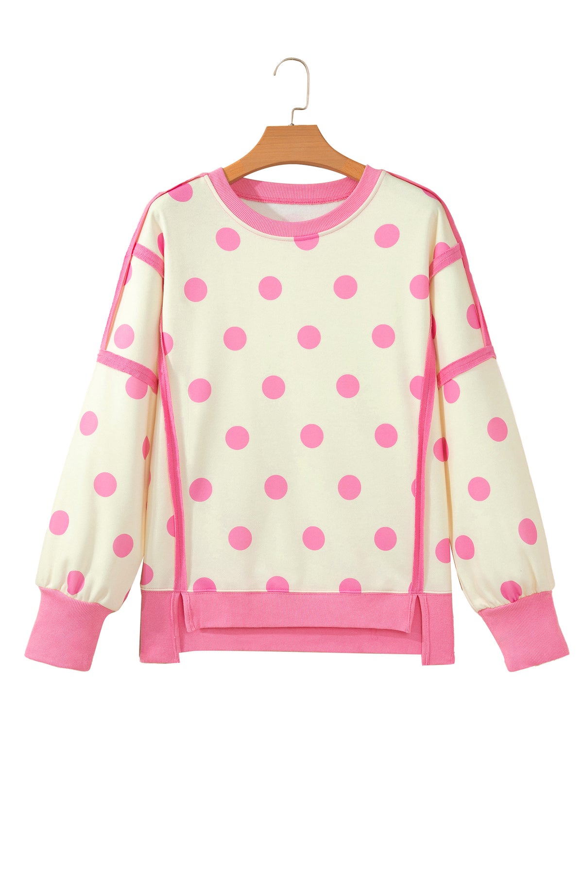 White Polka Dot Contrast Patchwork Round Neck Baggy Sweatshirt-Tops/Sweatshirts & Hoodies-[Adult]-[Female]-2022 Online Blue Zone Planet