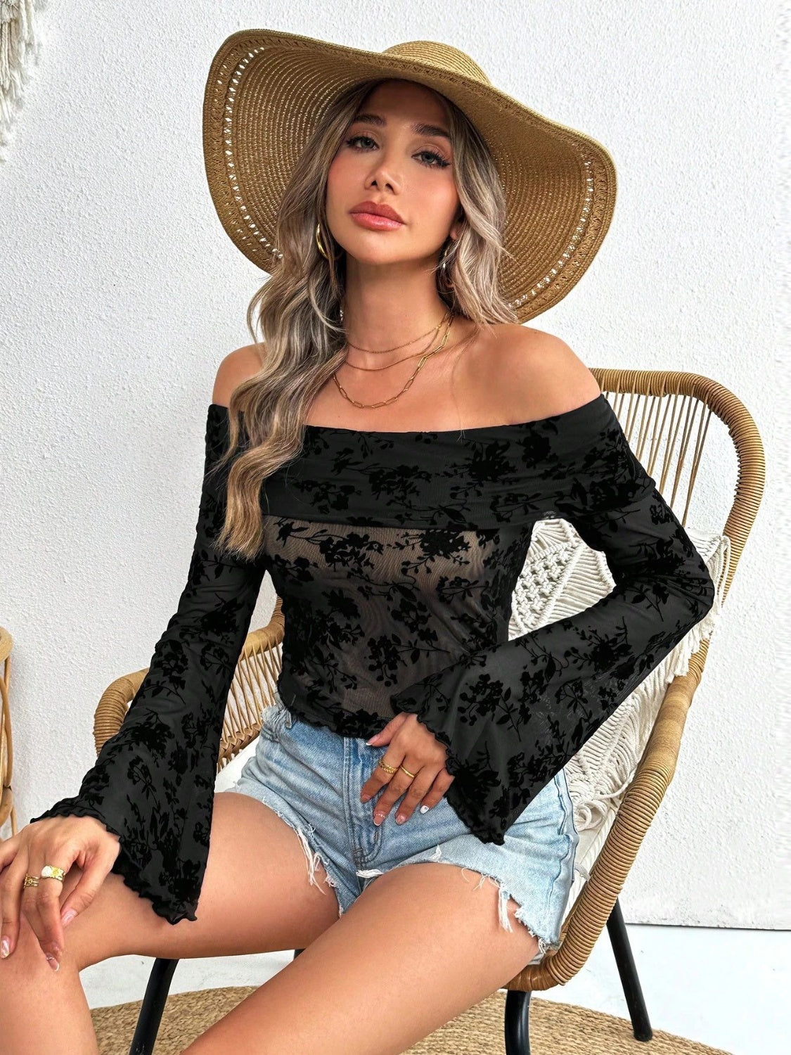 Off-Shoulder Flare Sleeve Lace Top-TOPS / DRESSES-[Adult]-[Female]-2022 Online Blue Zone Planet