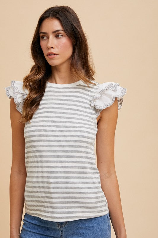 Annie Wear Ruffled Striped Round Neck Cap Sleeve Knit Top-TOPS / DRESSES-[Adult]-[Female]-2022 Online Blue Zone Planet