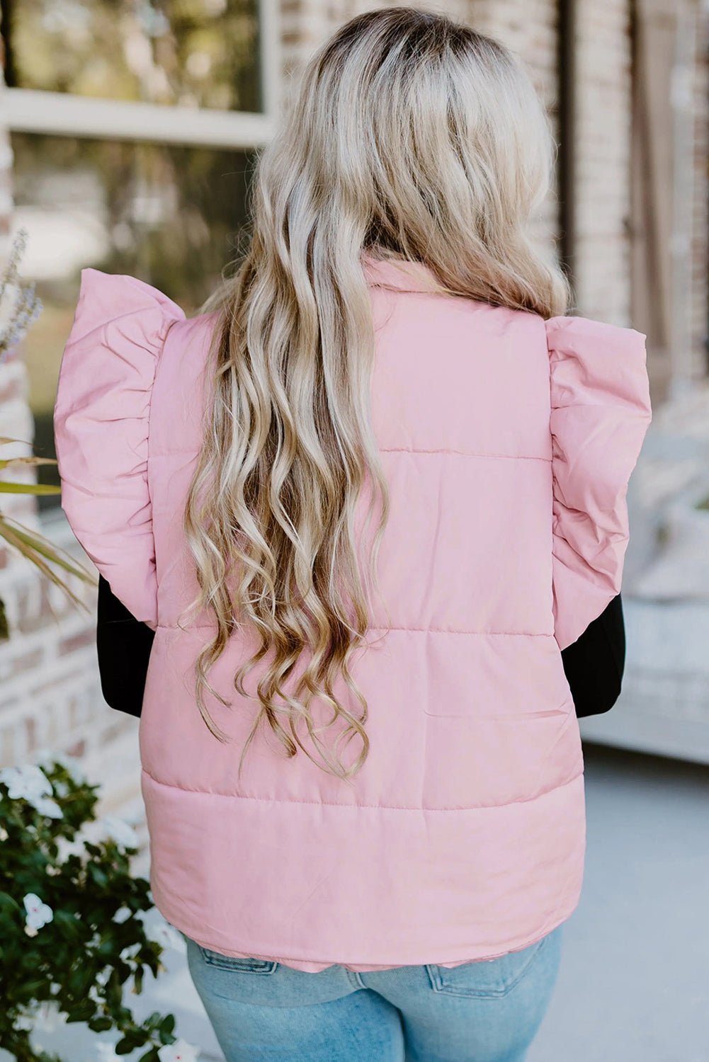 Pink Stand Neck Flutter Sleeve Snap Button Puffer Vest-Outerwear/Vests-[Adult]-[Female]-2022 Online Blue Zone Planet