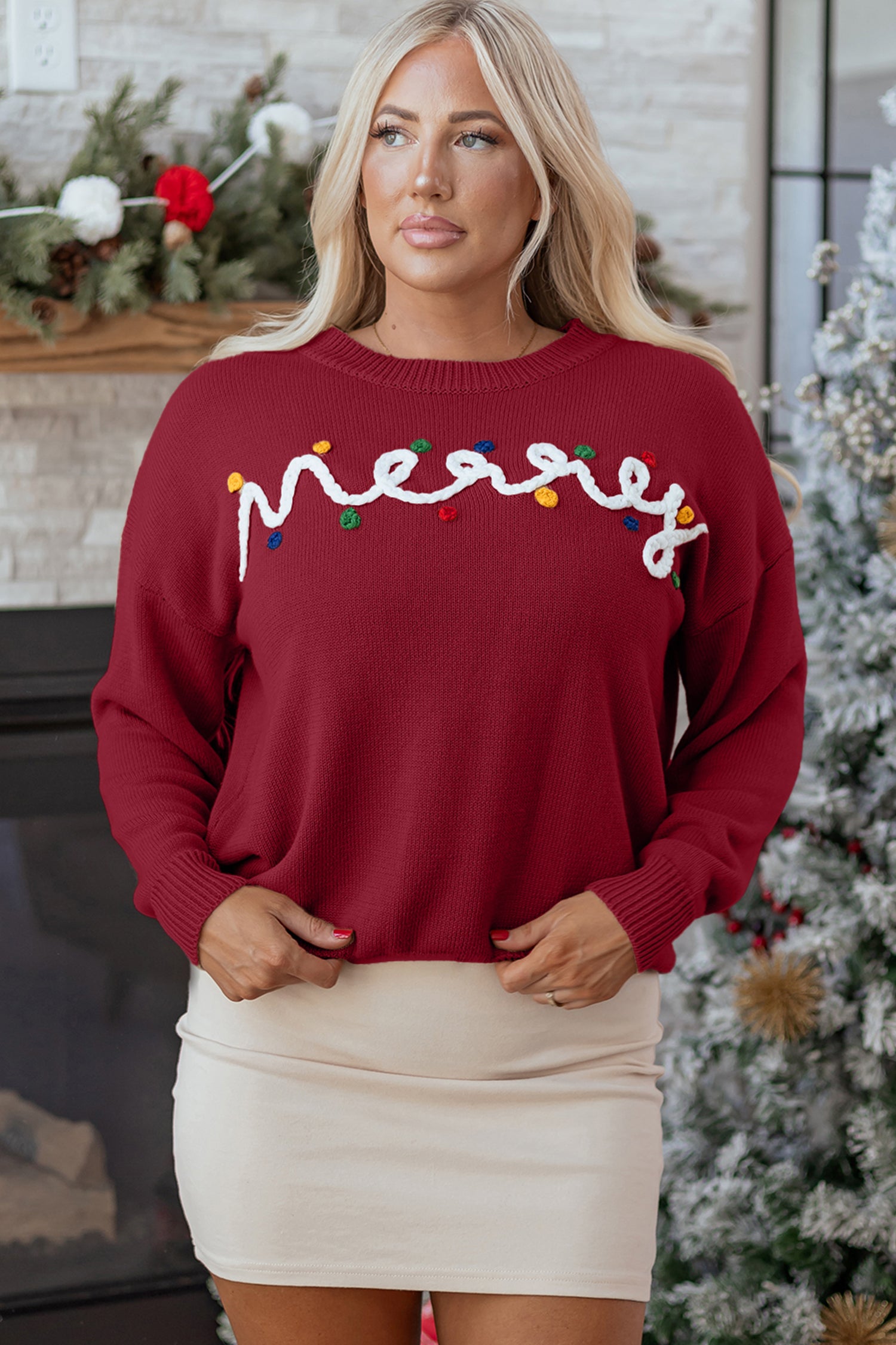 Racing Red Merry Colorful Dot Detail Christmas Drop Shoulder Sweater-TOPS / DRESSES-[Adult]-[Female]-2022 Online Blue Zone Planet