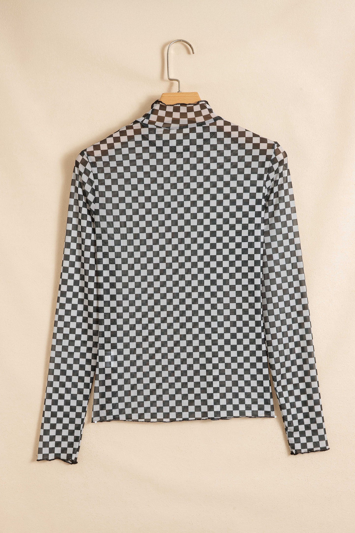 Black Plaid Stand Neck Long Sleeve Mesh Top-Tops/Long Sleeve Tops-[Adult]-[Female]-2022 Online Blue Zone Planet