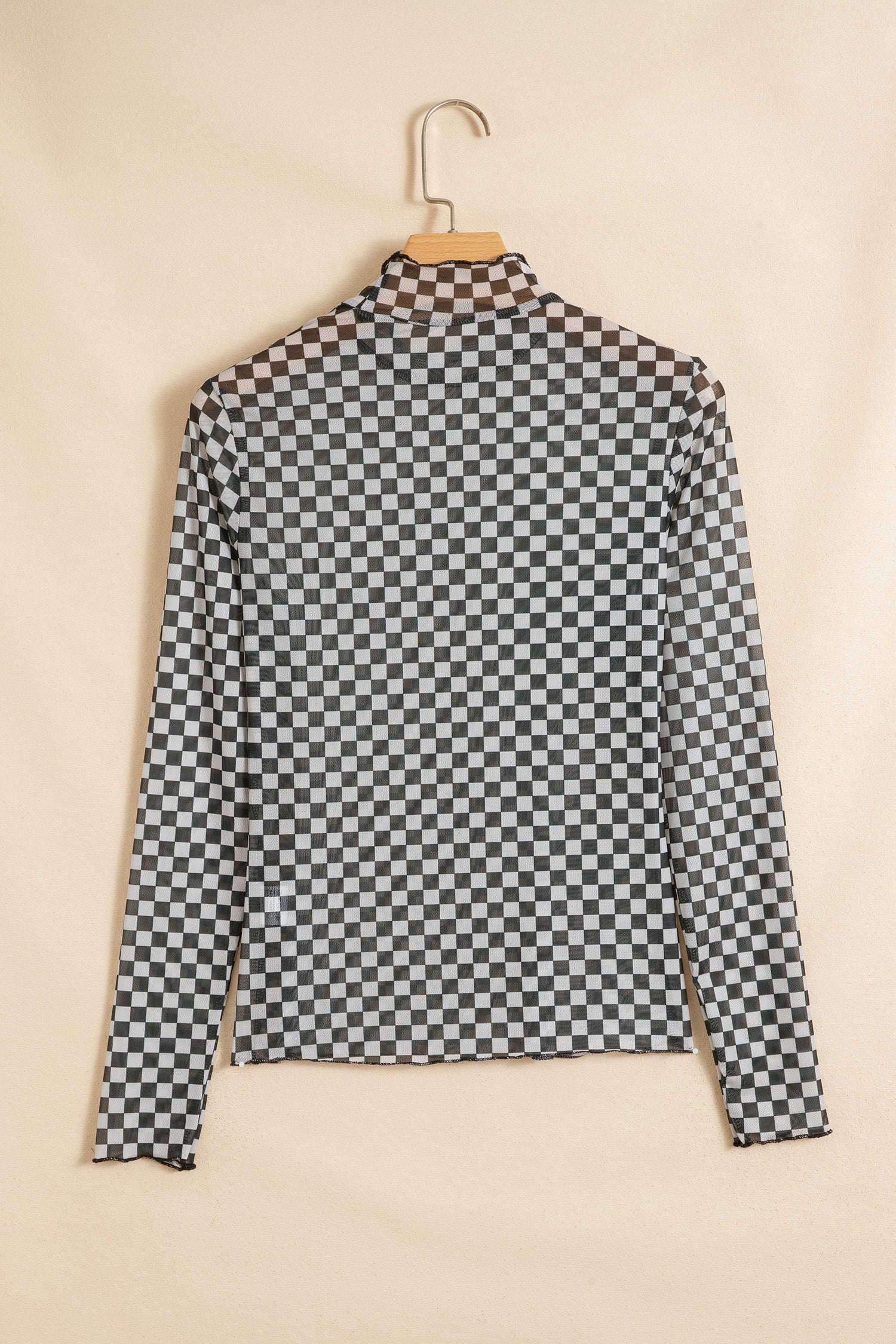 Black Plaid Stand Neck Long Sleeve Mesh Top-Tops/Long Sleeve Tops-[Adult]-[Female]-2022 Online Blue Zone Planet