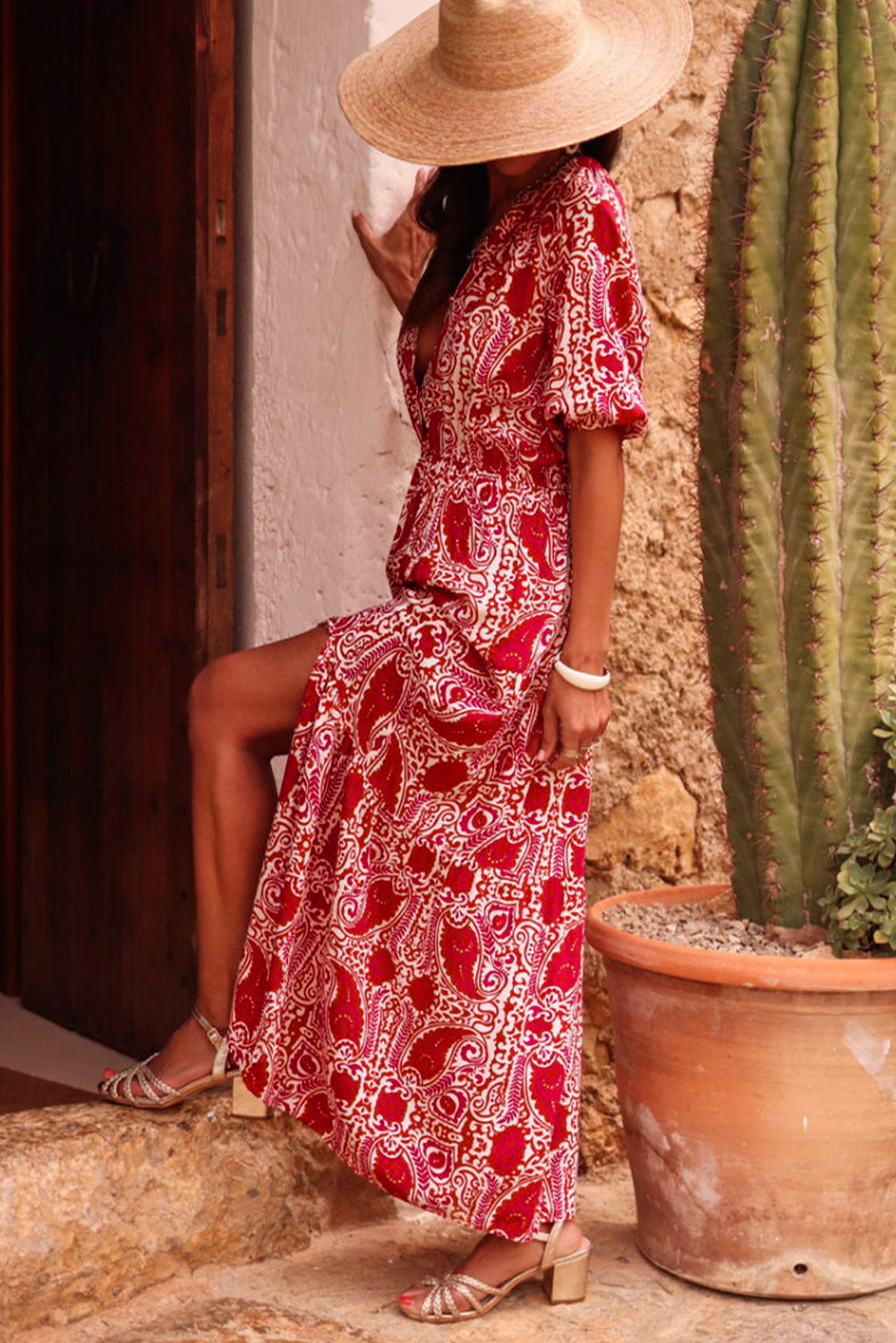 Blue Zone Planet |  Red Paisley Print Side Slit Puff Sleeve High Waist Maxi Dress