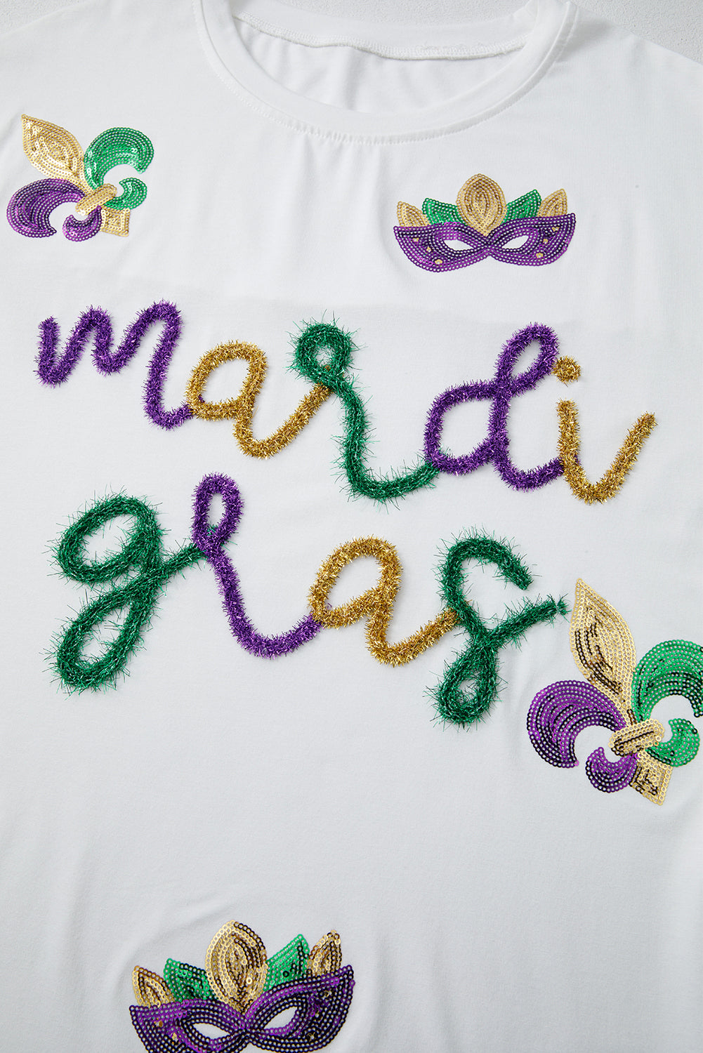 White Mardi Gras Tinsel Sequin Graphic T Shirt-Graphic/Graphic Tees-[Adult]-[Female]-2022 Online Blue Zone Planet