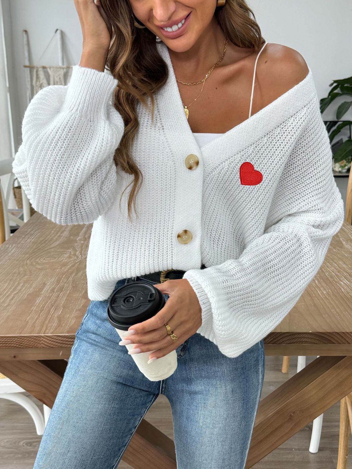 Heart Button Down V-Neck Long Sleeve Cardigan-TOPS / DRESSES-[Adult]-[Female]-White-S-2022 Online Blue Zone Planet