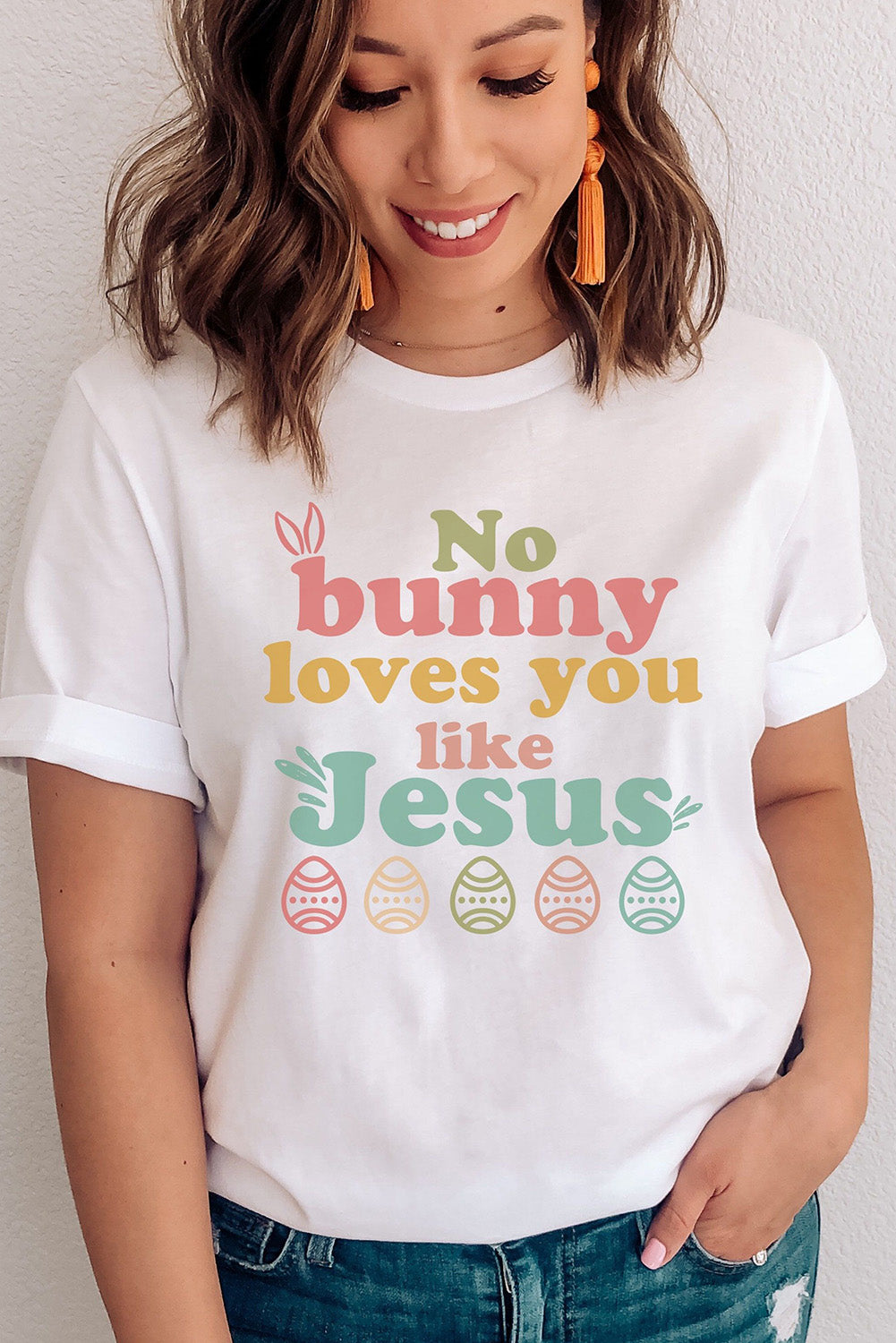 White No bunny loves you like Jesus Graphic Easter Day T-shirt-Graphic/Graphic Tees-[Adult]-[Female]-2022 Online Blue Zone Planet
