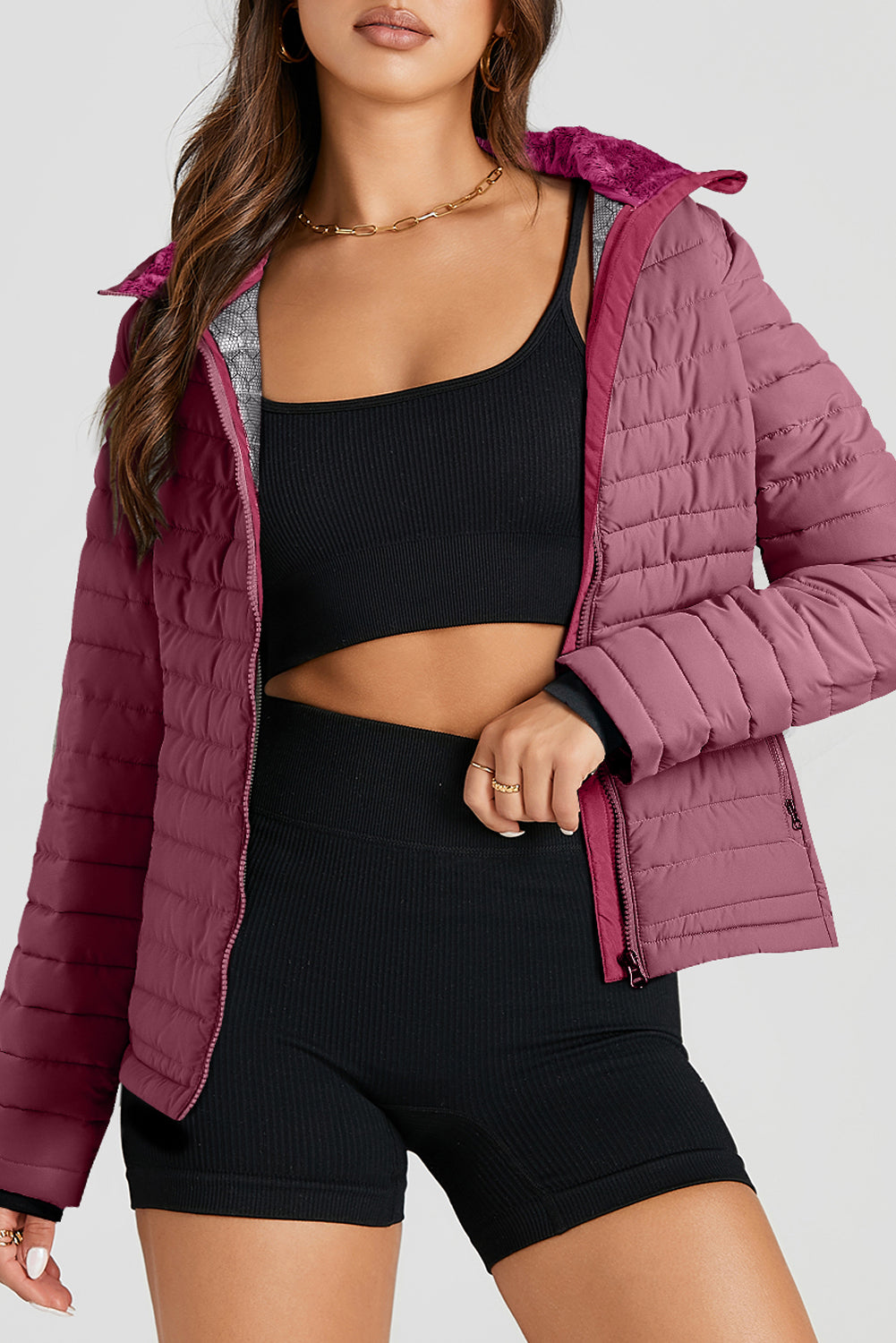 Burgundy Solid Color Quilted Zip-up Puffer Jacket-Outerwear/Coats-[Adult]-[Female]-Burgundy-S-2022 Online Blue Zone Planet