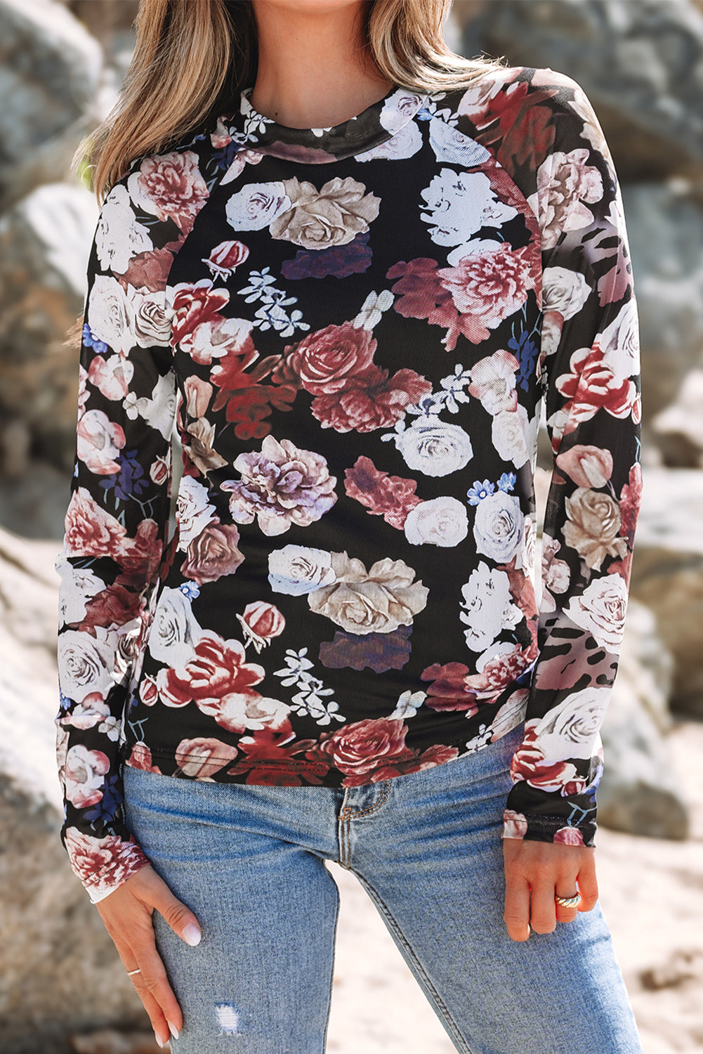 Pink Mesh Floral Print Mock Neck Long Sleeve Slim Top-Tops/Long Sleeve Tops-[Adult]-[Female]-2022 Online Blue Zone Planet