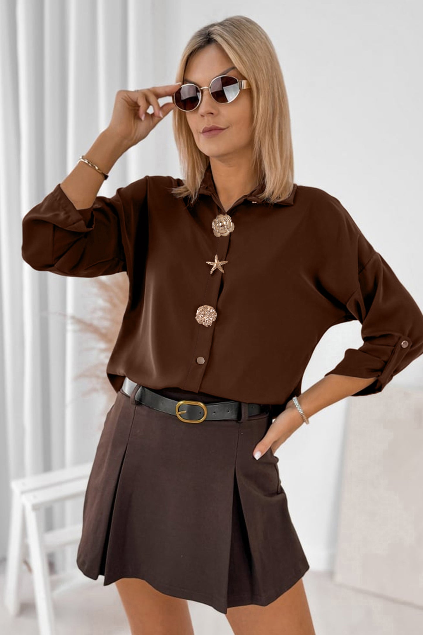 Coffee Multi Button Decoration Tab Long Sleeve Casual Shirt-Tops/Blouses & Shirts-[Adult]-[Female]-2022 Online Blue Zone Planet