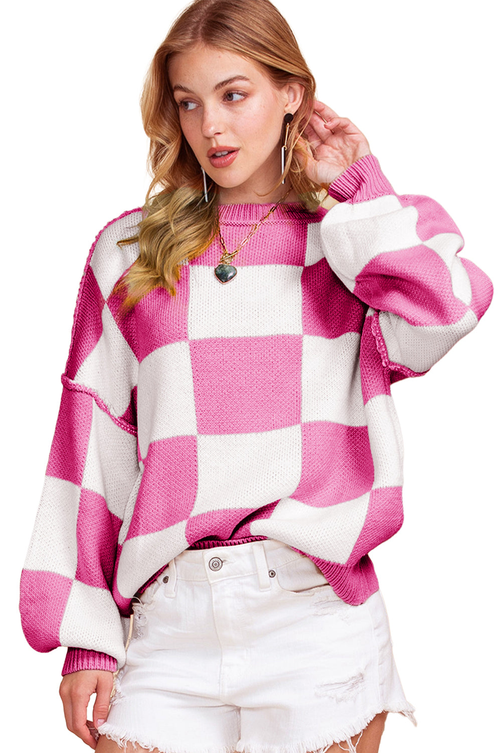 Blue Zone Planet | Pink Checked Bishop Sleeve Pullover Sweater-Sweaters-[Adult]-[Female]-2022 Online Blue Zone Planet