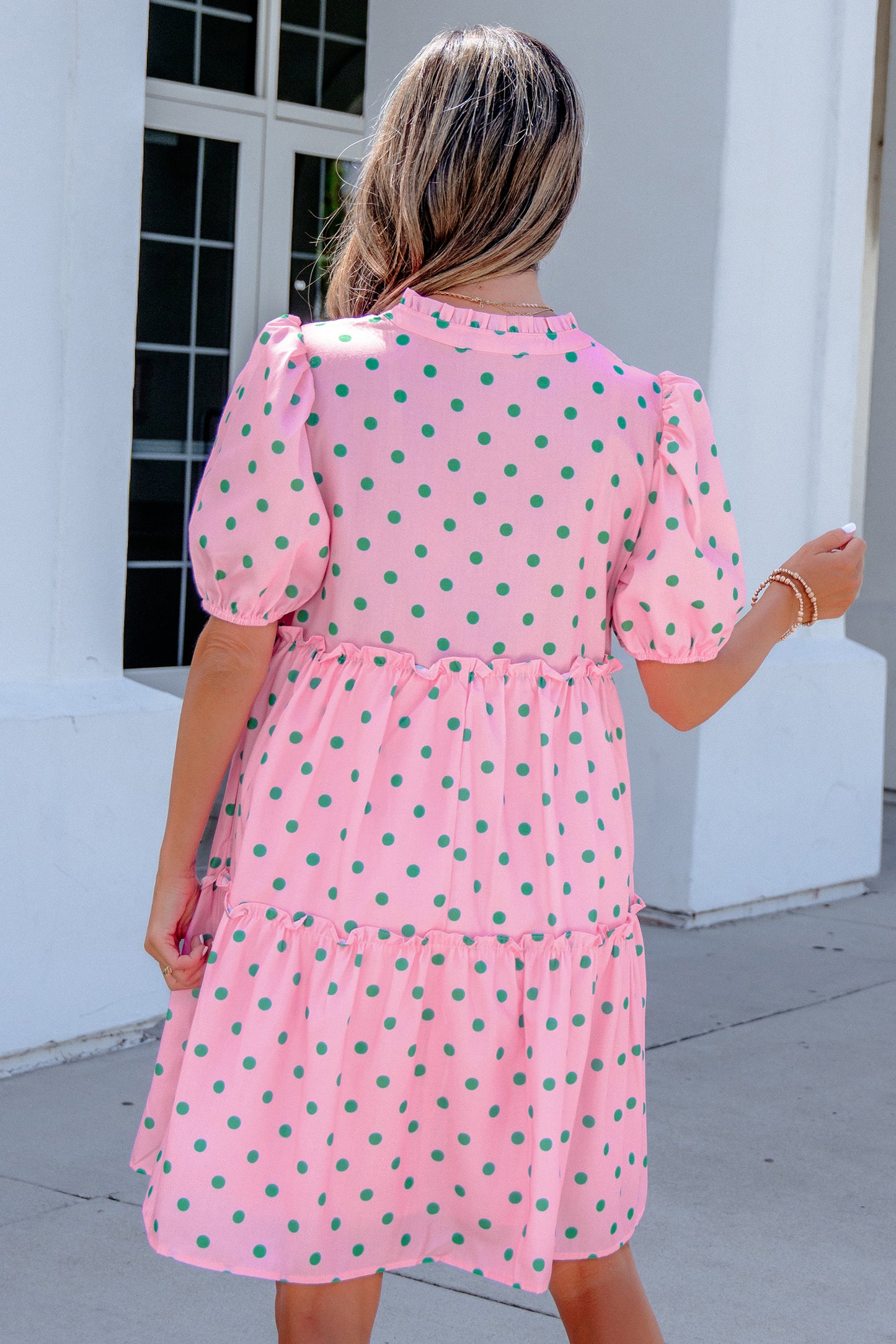 Pink Polka Dot Print V Neck Short Sleeve Tiered Mini Dress-TOPS / DRESSES-[Adult]-[Female]-2022 Online Blue Zone Planet